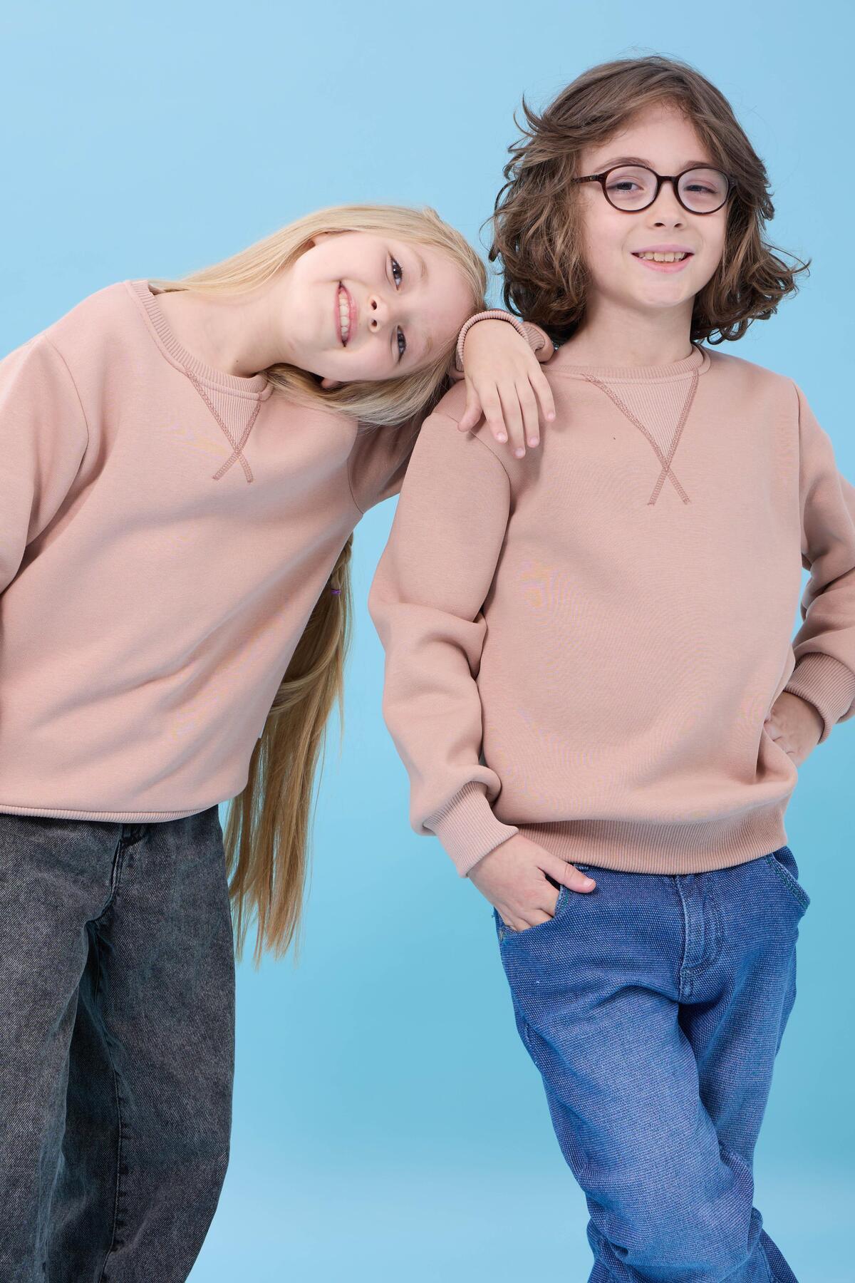 Perendi Unisex Basic Bisiklet Yaka Şardonlu Kışlık Sweatshirt - Toprak fotoğrafı 2 (önizleme)
