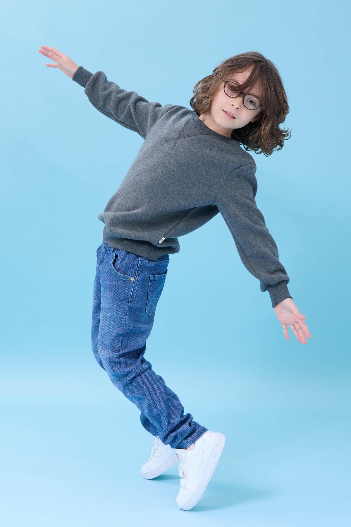 Perendi Unisex Basic Bisiklet Yaka Şardonlu Kışlık Sweatshirt - Antrasit fotoğrafı 7 (önizleme)