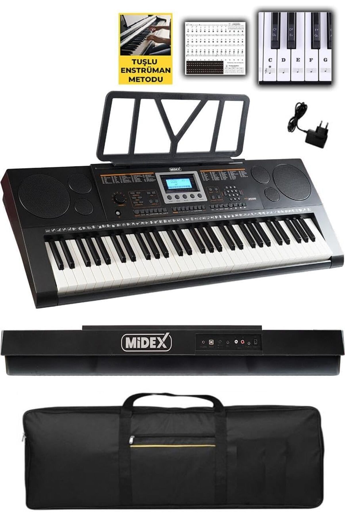 Hepta Collection PS-3500 Tuş Hassasiyetli Org 61 Tuşlu Org 5 Oktav Çanta Nota Standı Adaptör (300 Ses 300 Ritim)