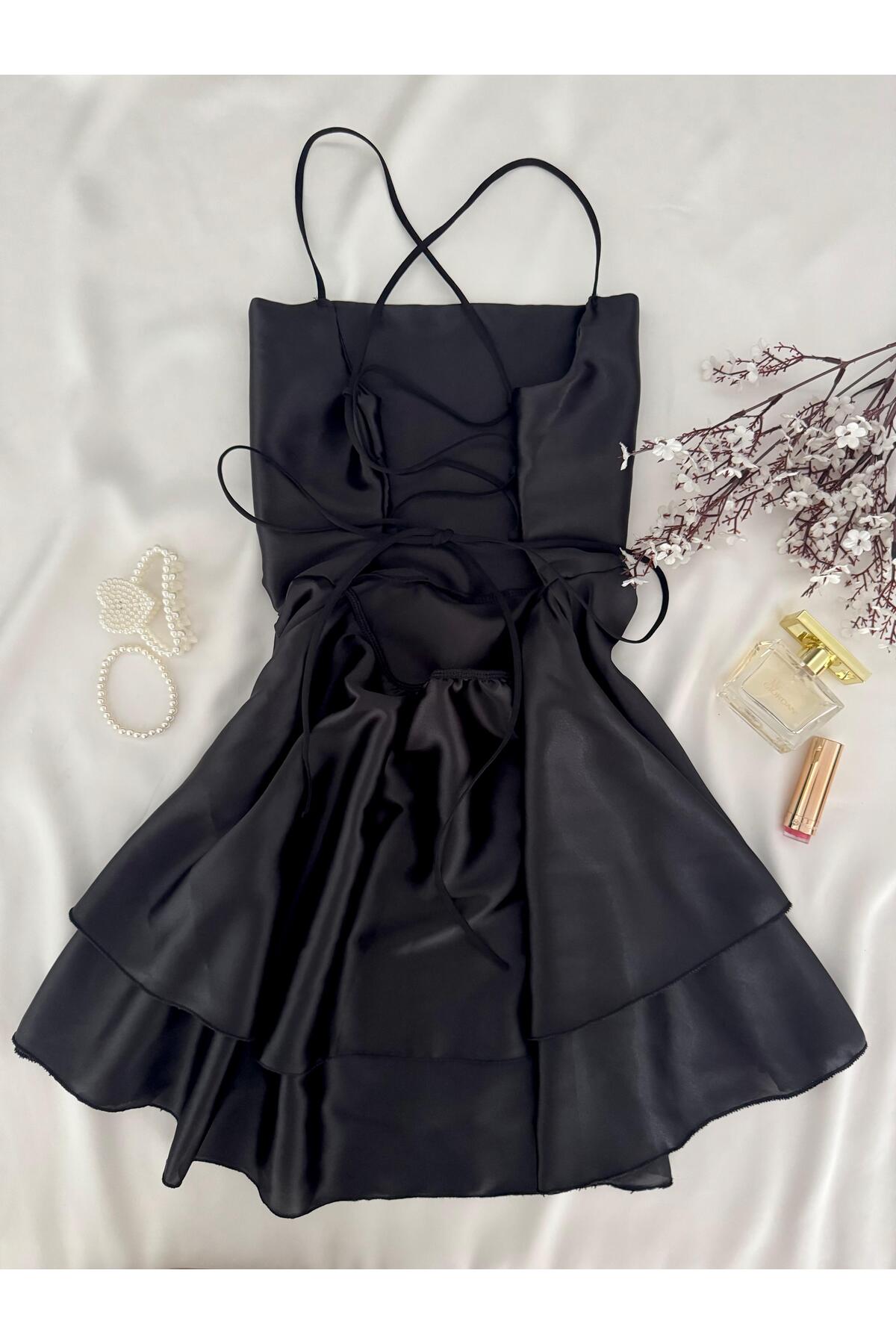 MH Moony Homewears Kardashien Siyah Arkadan İpli Saten Gecelik