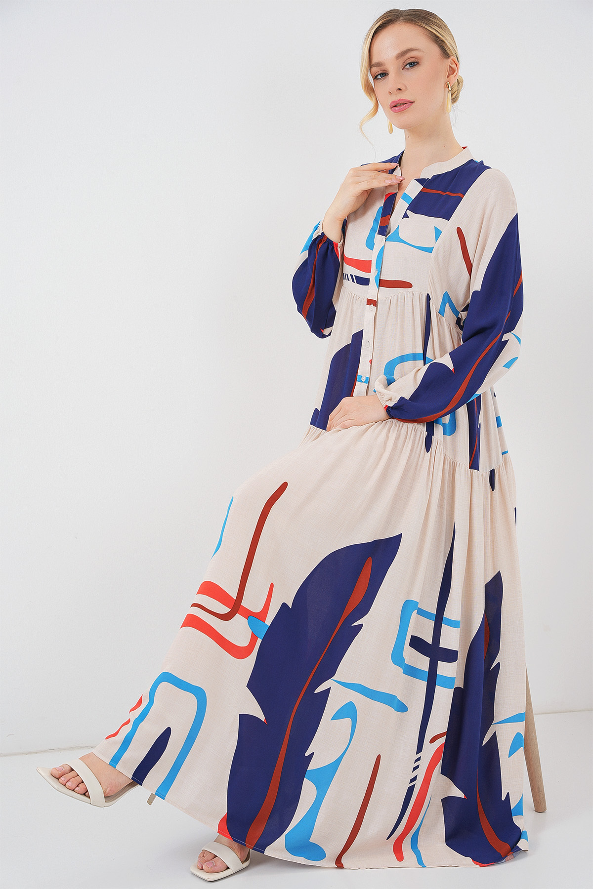 Merterium Women's Patterned Long Hijab Dress D.Cream 1155