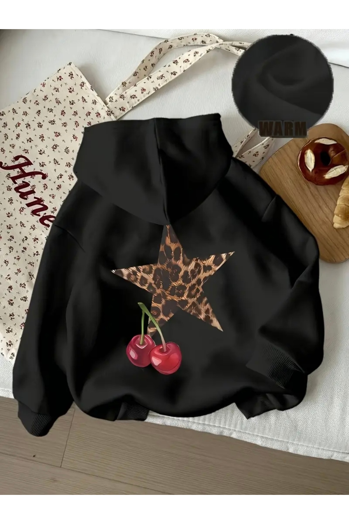 FUFLUNS Star Cherry Printed Oversize Unisex Hooded Sweatshirt