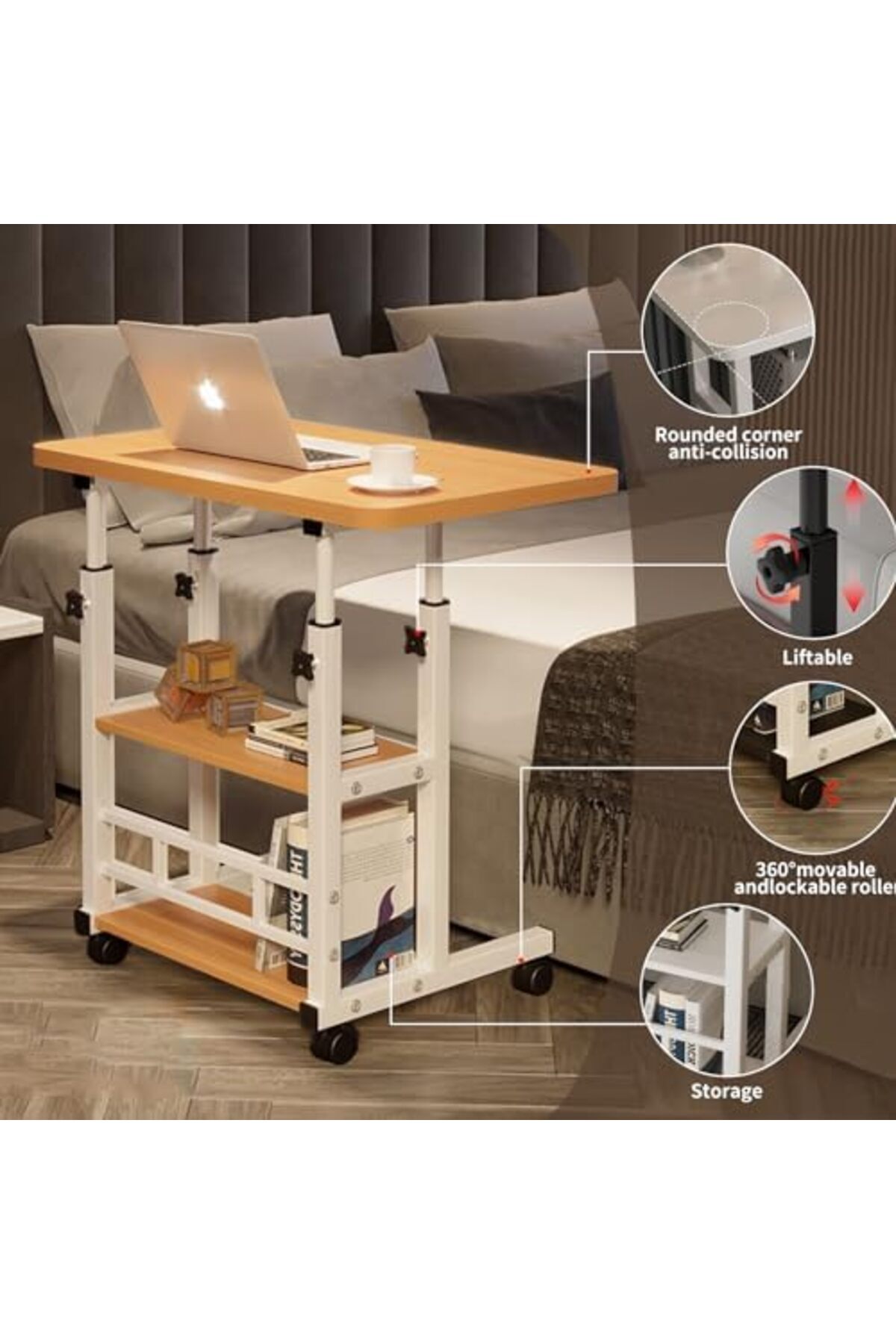 Türkiye-Adjustable Height Mobile Computer Desk for Small Space Rolling Writing with wheels and Storage Shelv 4