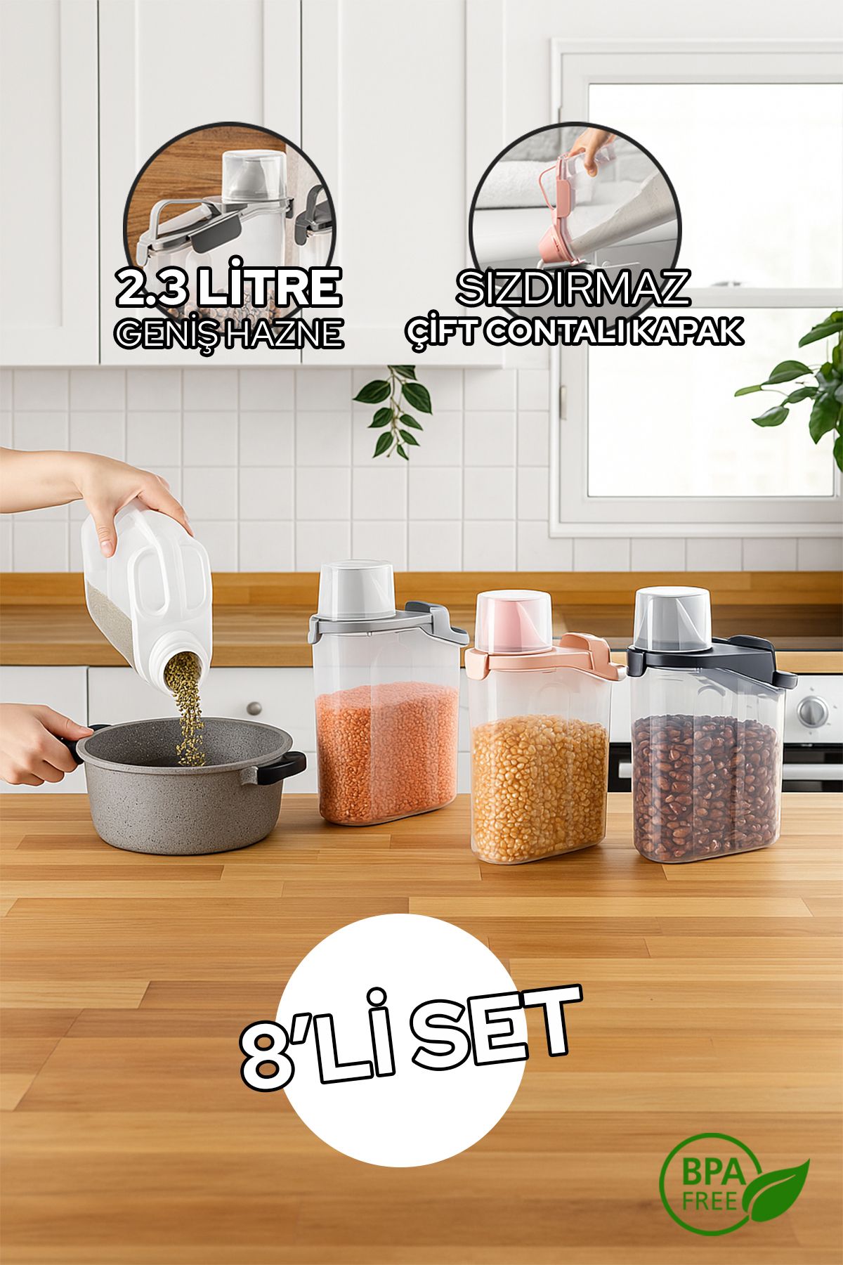 Siyempi-Set of 8 2300ml Unbreakable Food, Pulses Storage Container Set Leakproof Double Seal Lid with Scale 1