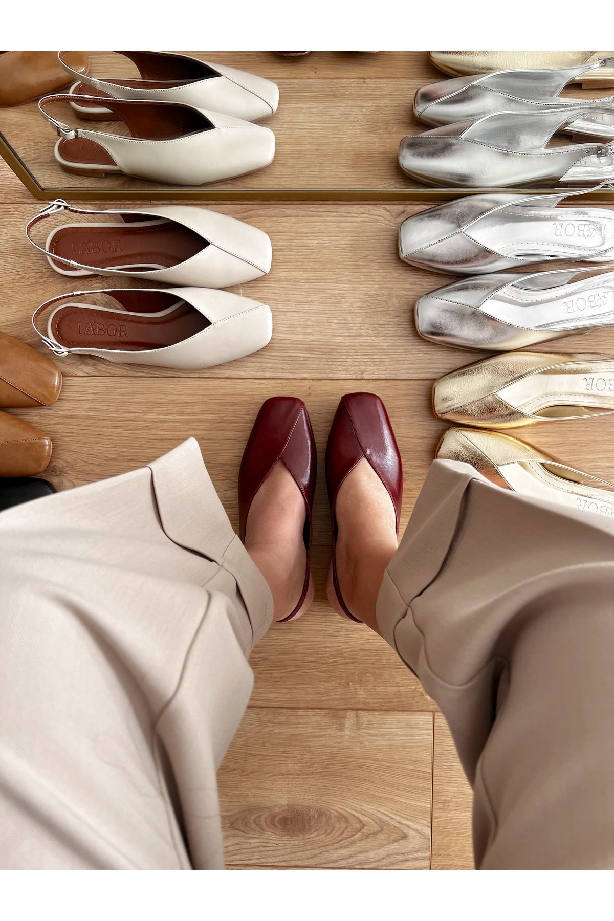 labor Selection-Blunt Toe Stitching Detail Open Back Ballerinas 1