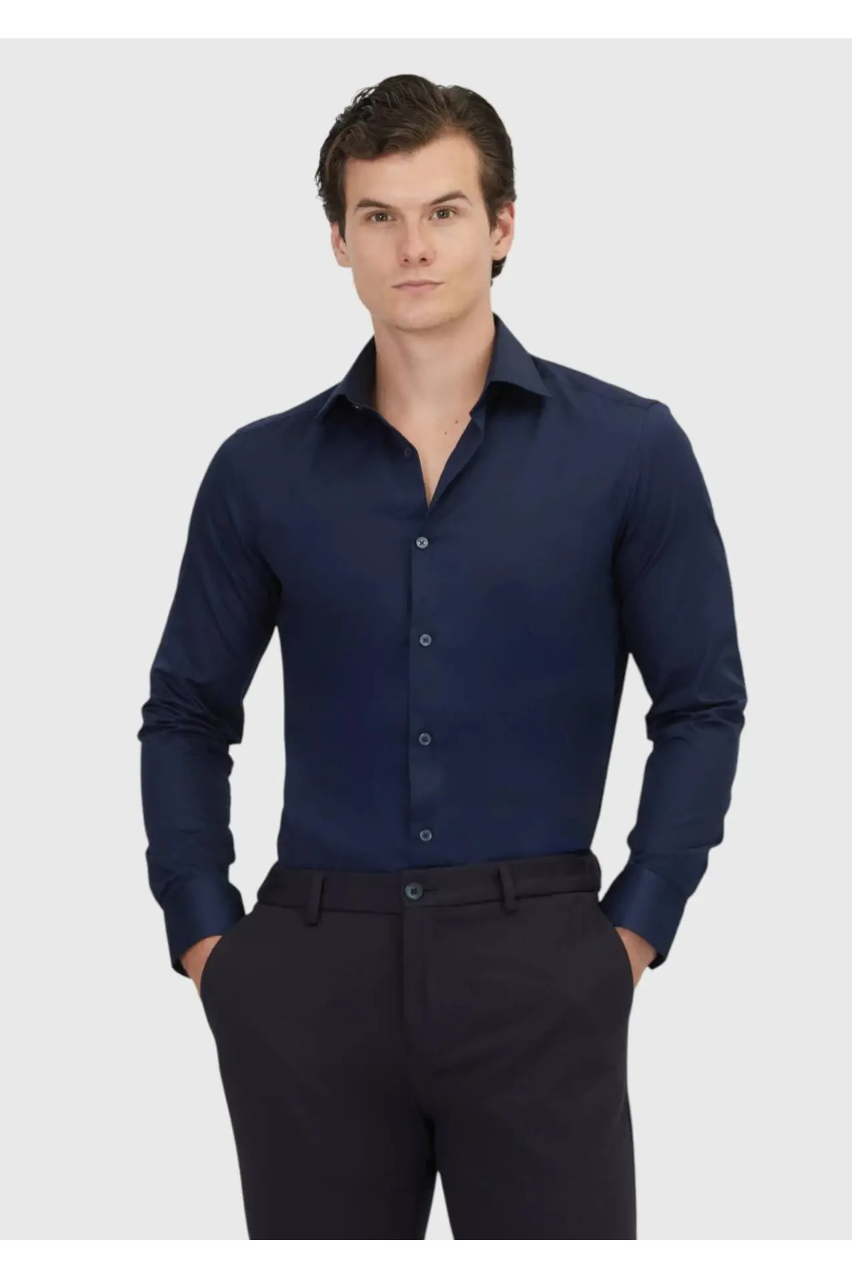 رمزی پیراهن کلاسیک 100% نخی بافته شده باریک ساده آبی نای