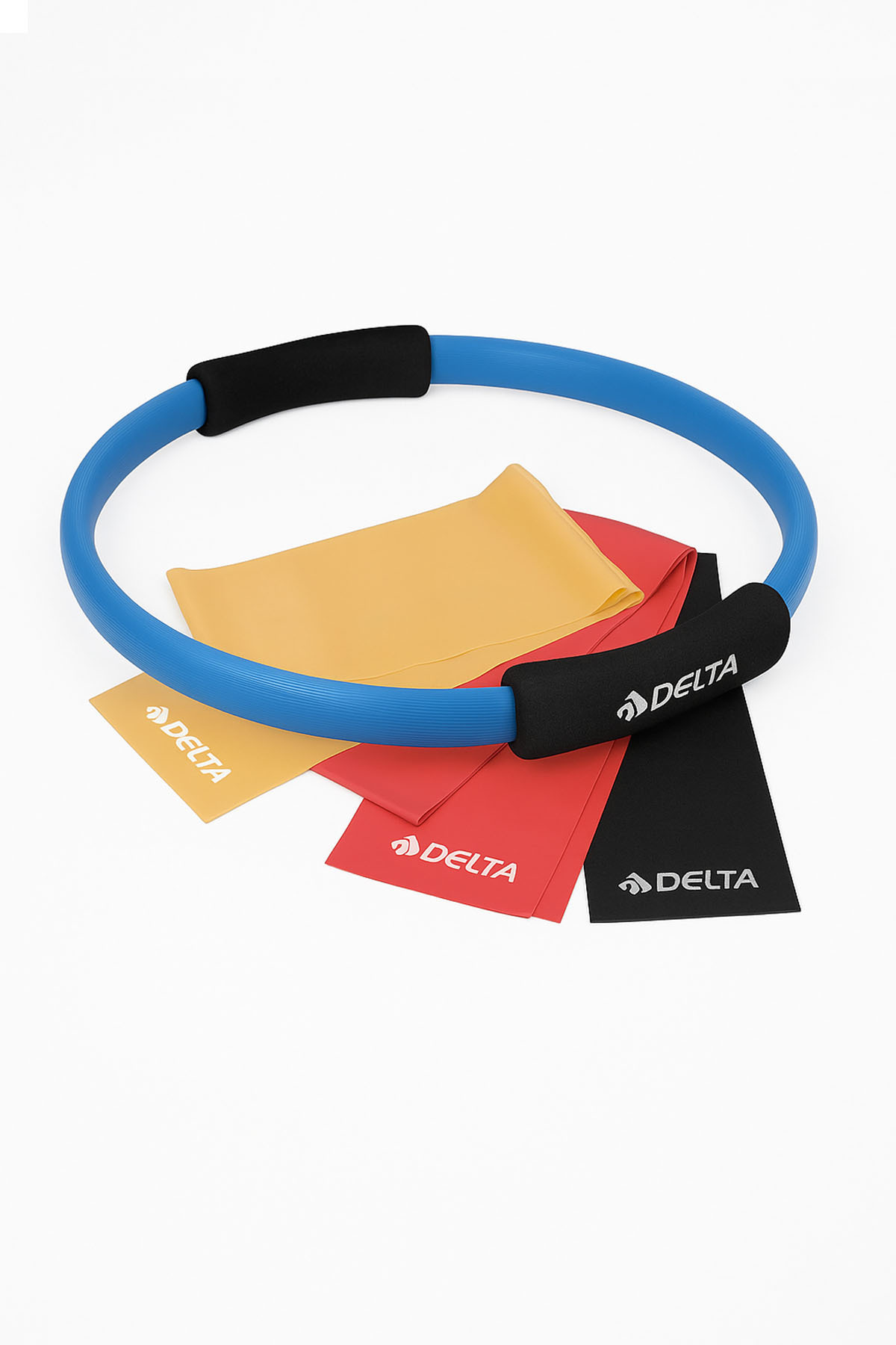 Delta Pilates Çemberi ve 3’lü Direnç Bandı Lastiği Seti – Evde Fitness, Esneme ve Kas Güçlendirme Ekipmanı