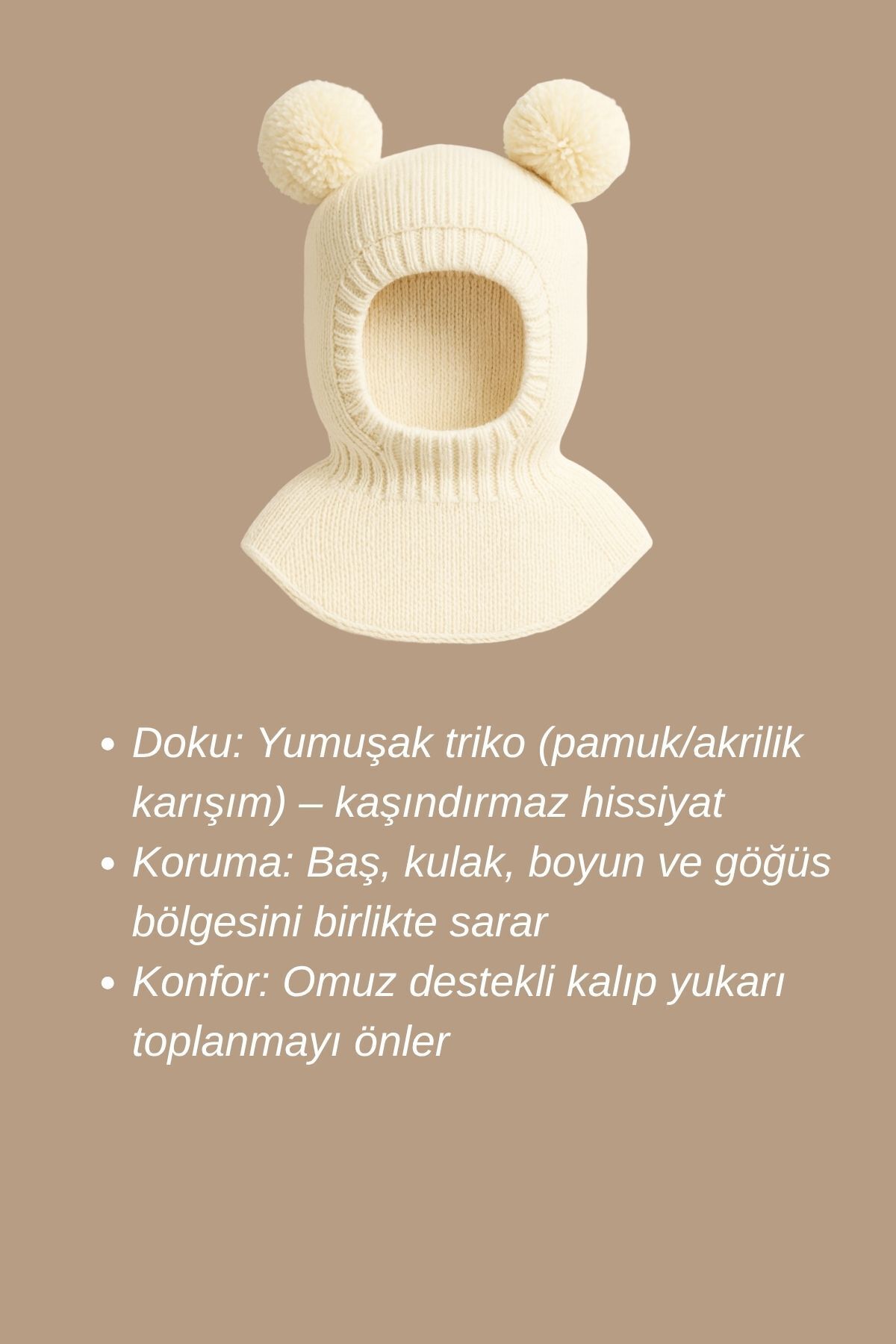 Minytrendy Kız Erkek Bebek Çocuk Omuzlu Triko Balaklava Bere Kar Maskesi Ponponlu Bere Ekru fotoğrafı 3 (önizleme)