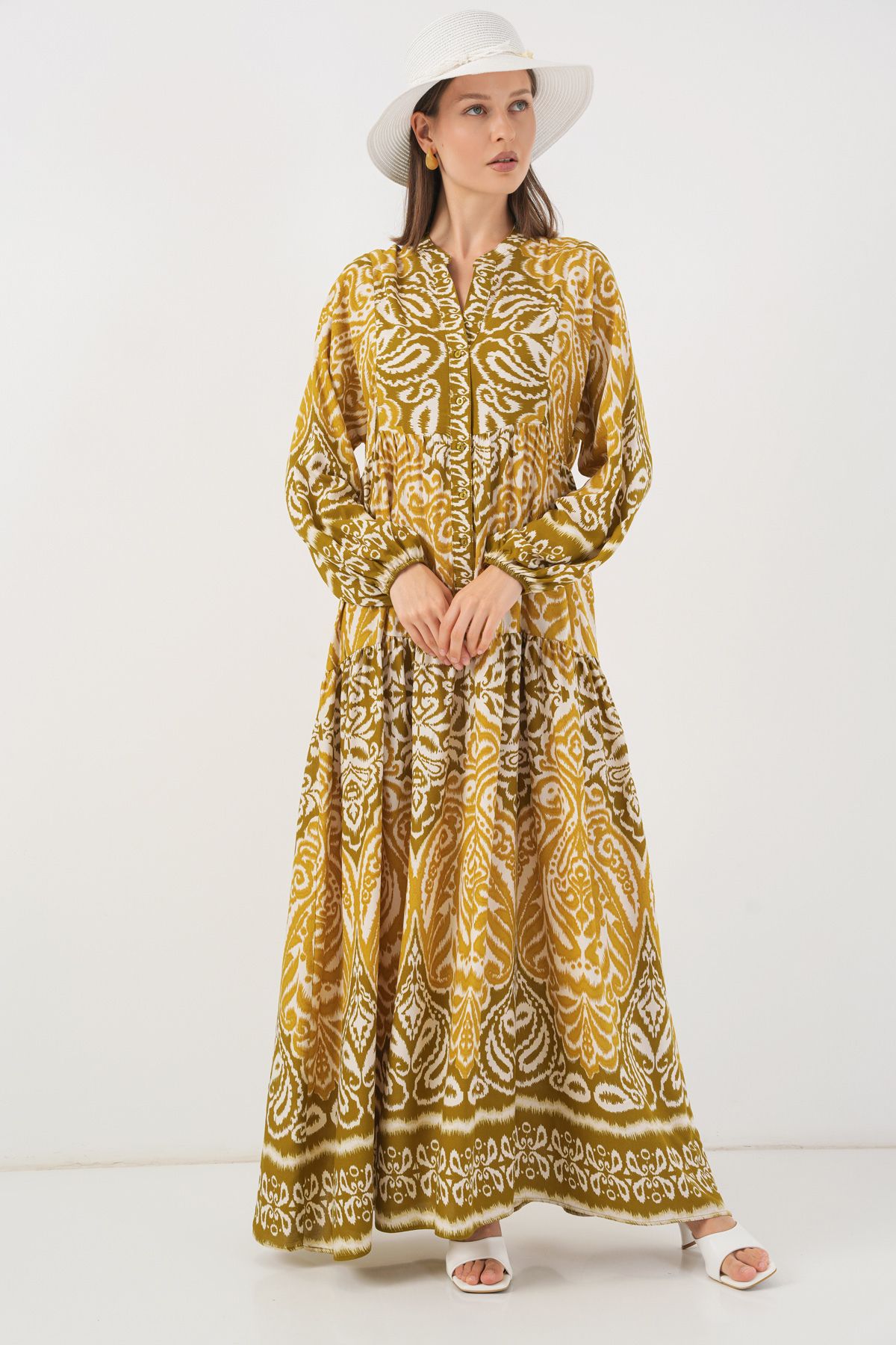 Bigdart-Gemustertes langes Hijab-Kleid für Frauen 2585 - B. Senf 3
