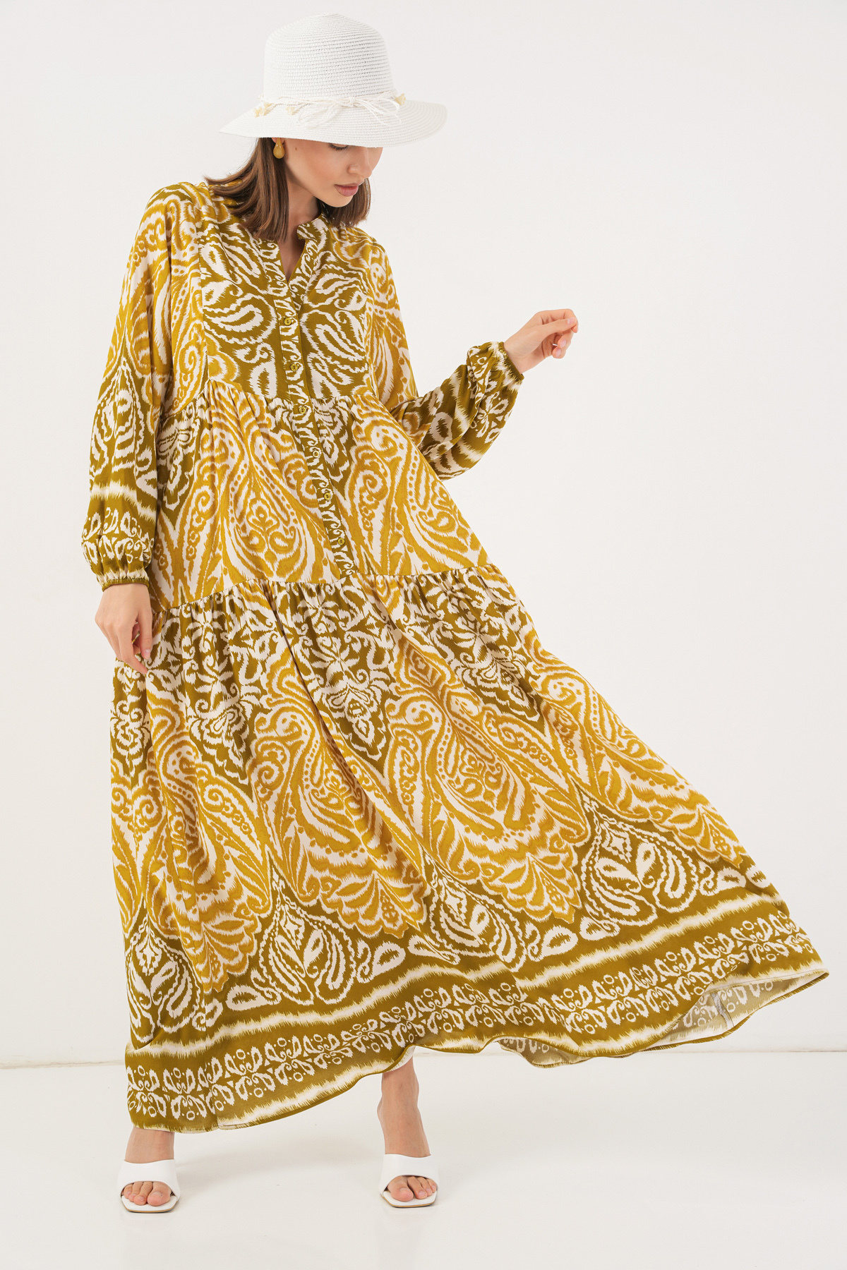 Bigdart-Gemustertes langes Hijab-Kleid für Frauen 2585 - B. Senf 4
