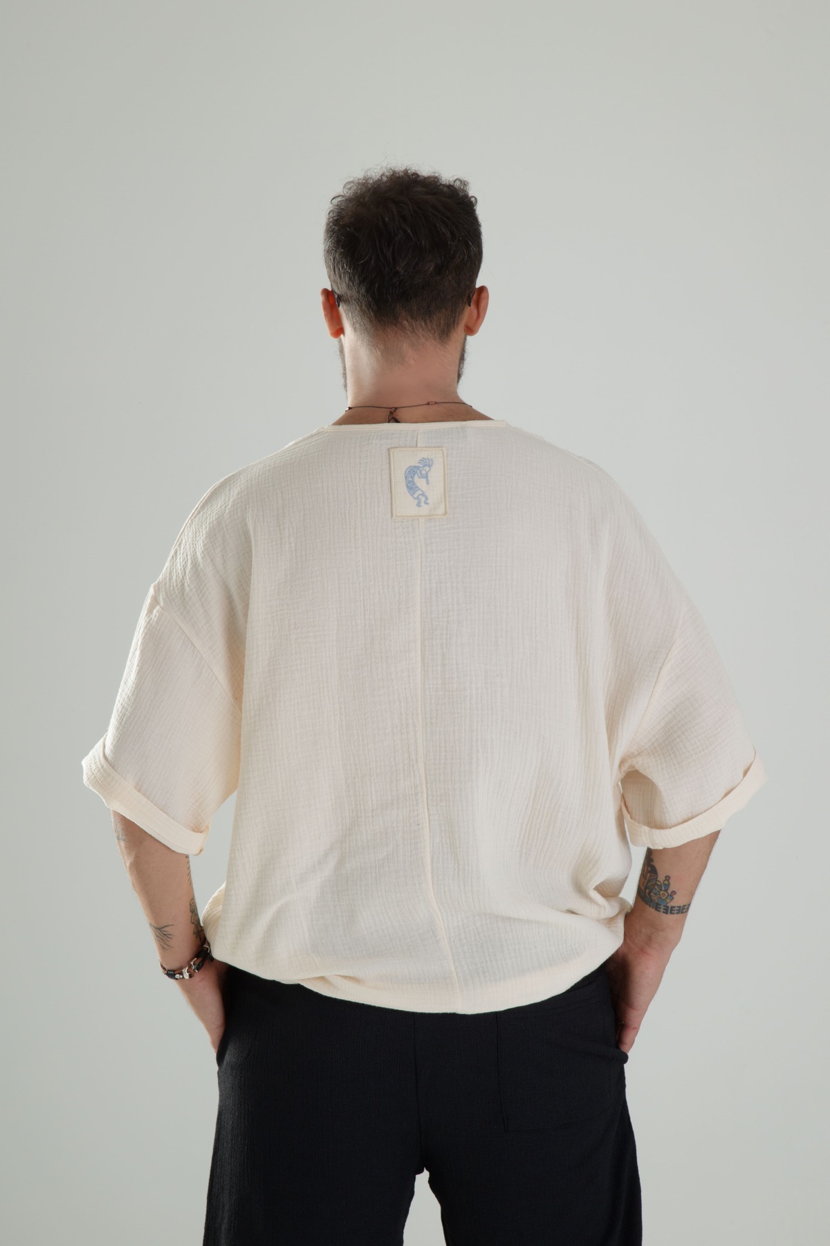 COCOPELLI  Erkek Bej Müslin Kumaş Oversize T-Shirt COC1298 - Görsel 5