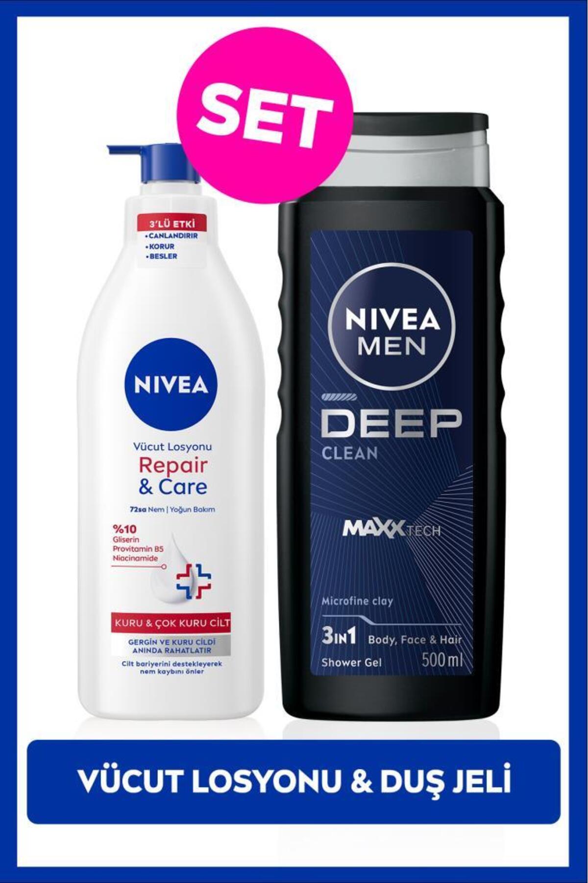 نیوا ژل دوش مردانه مدل Deep Dimension حجم ۵۰۰ میلی‌لیتر و لوسیون بدن مرطوب‌کننده Repair&Care حجم ۴۰۰ میلی‌لیتر، پوست خشک