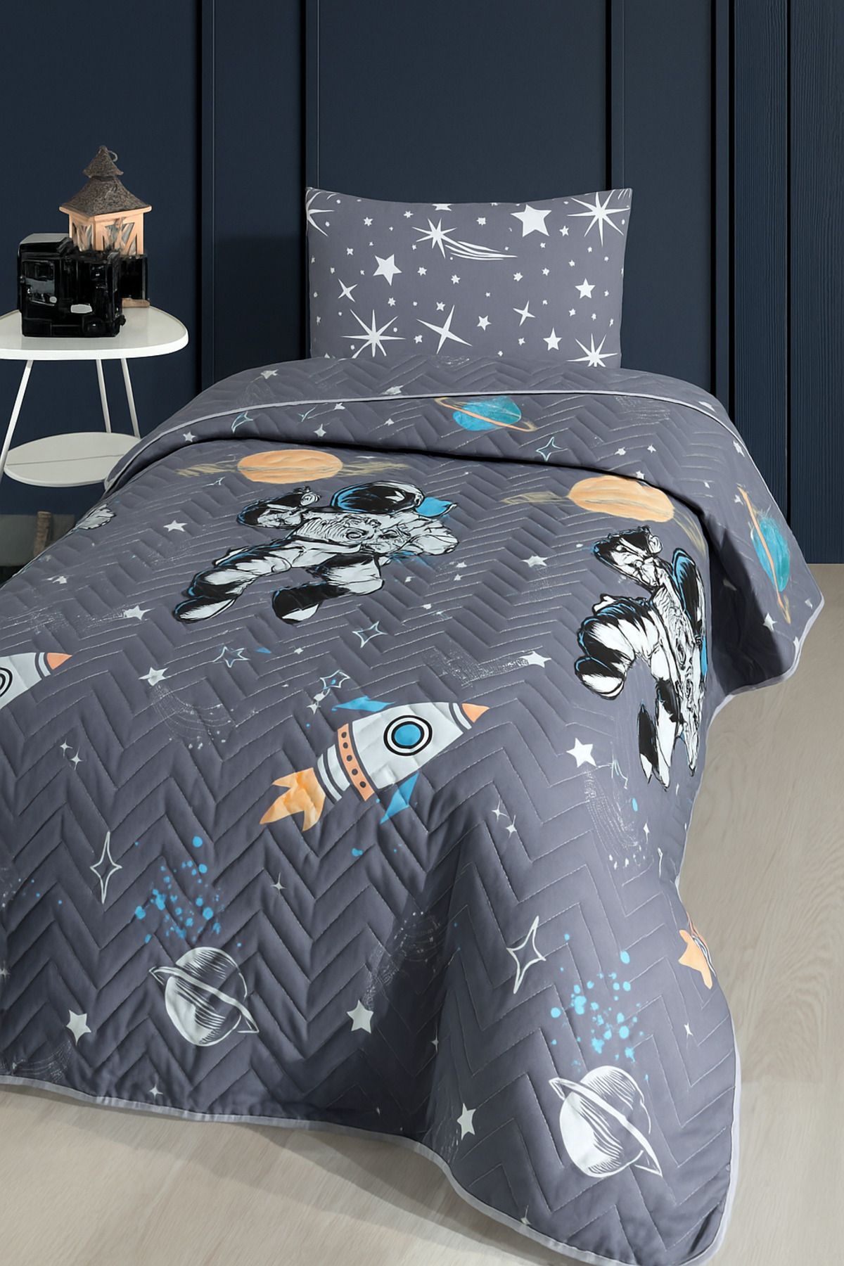 ELY PARKER-Astronaut Patterned Single Pique – Bedspread Set 160X230 cm + 1 Pillow Case (Without Sheets) 2