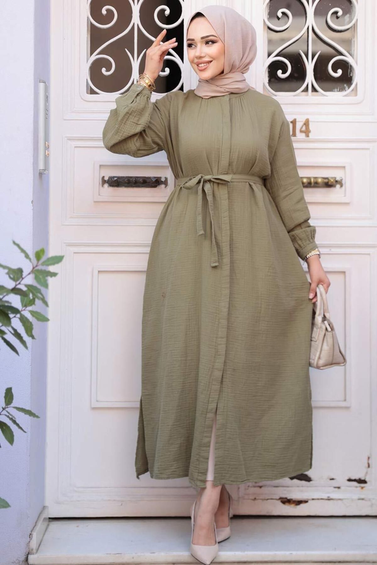 N.S NEVA STYLE-Buttoned Light Khaki Hijab Tunic 19045Ahk 3
