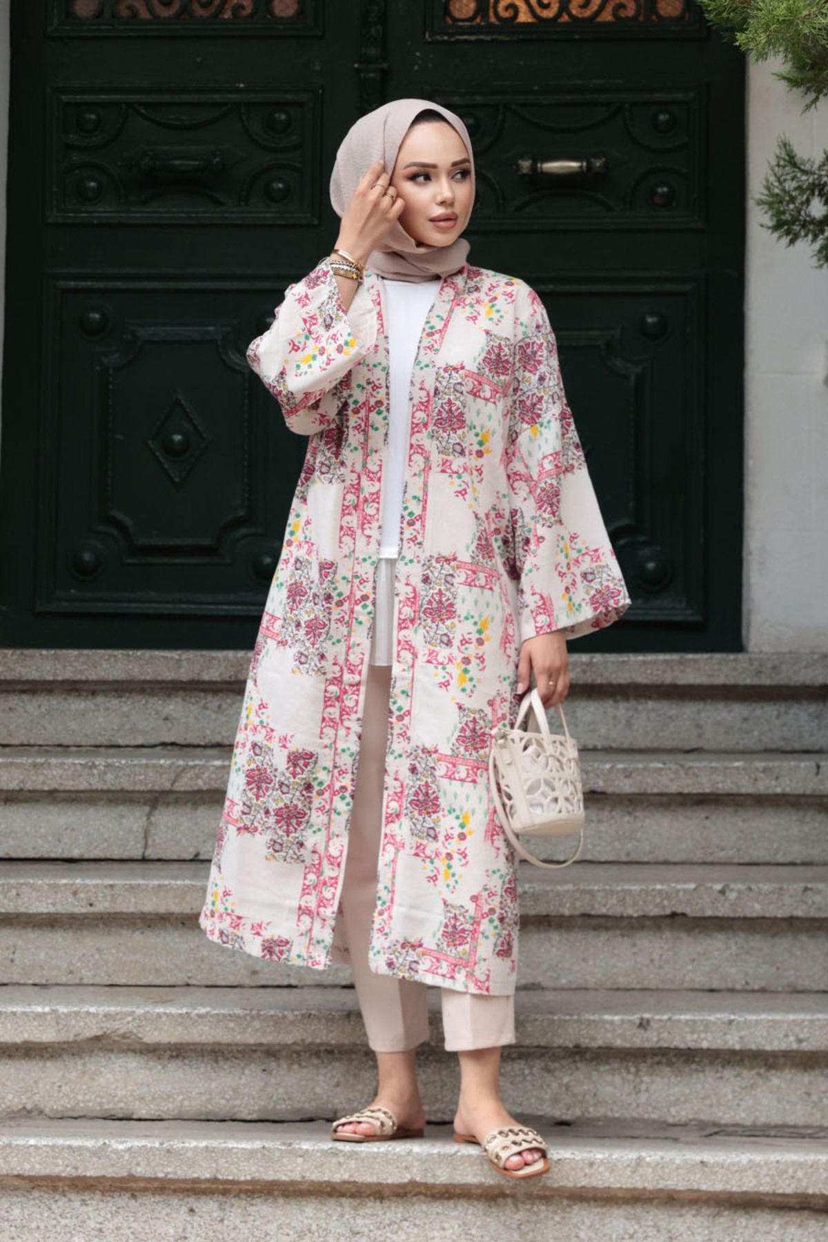 N.S NEVA STYLE-Patterned Fuchsia Hijab Kimono 32121F 3