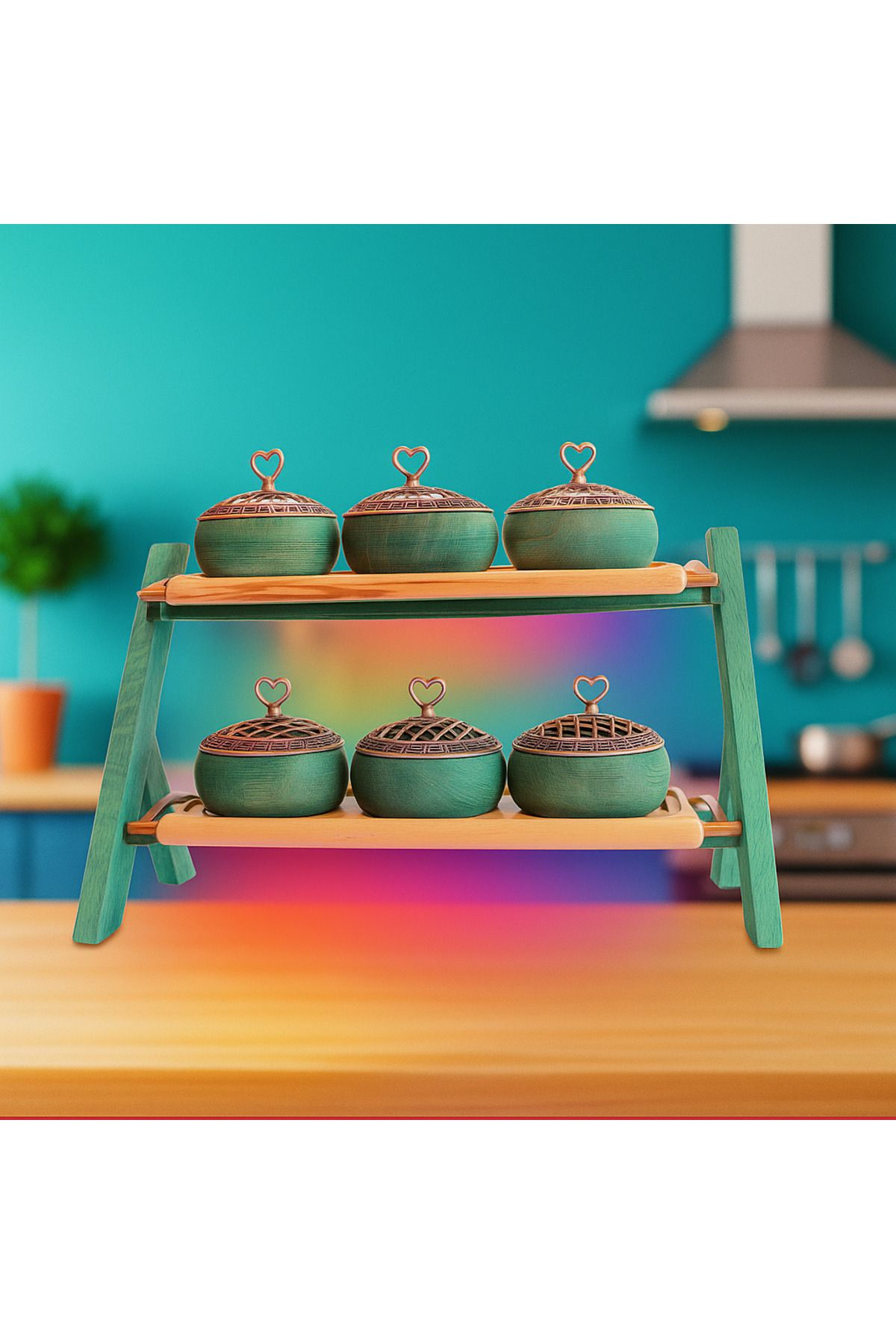 tios home-Wooden Bowl Presentation Set with Copper Lid Serving Tray with 6 Bowls and Handles Real Beech Wood Stand 3