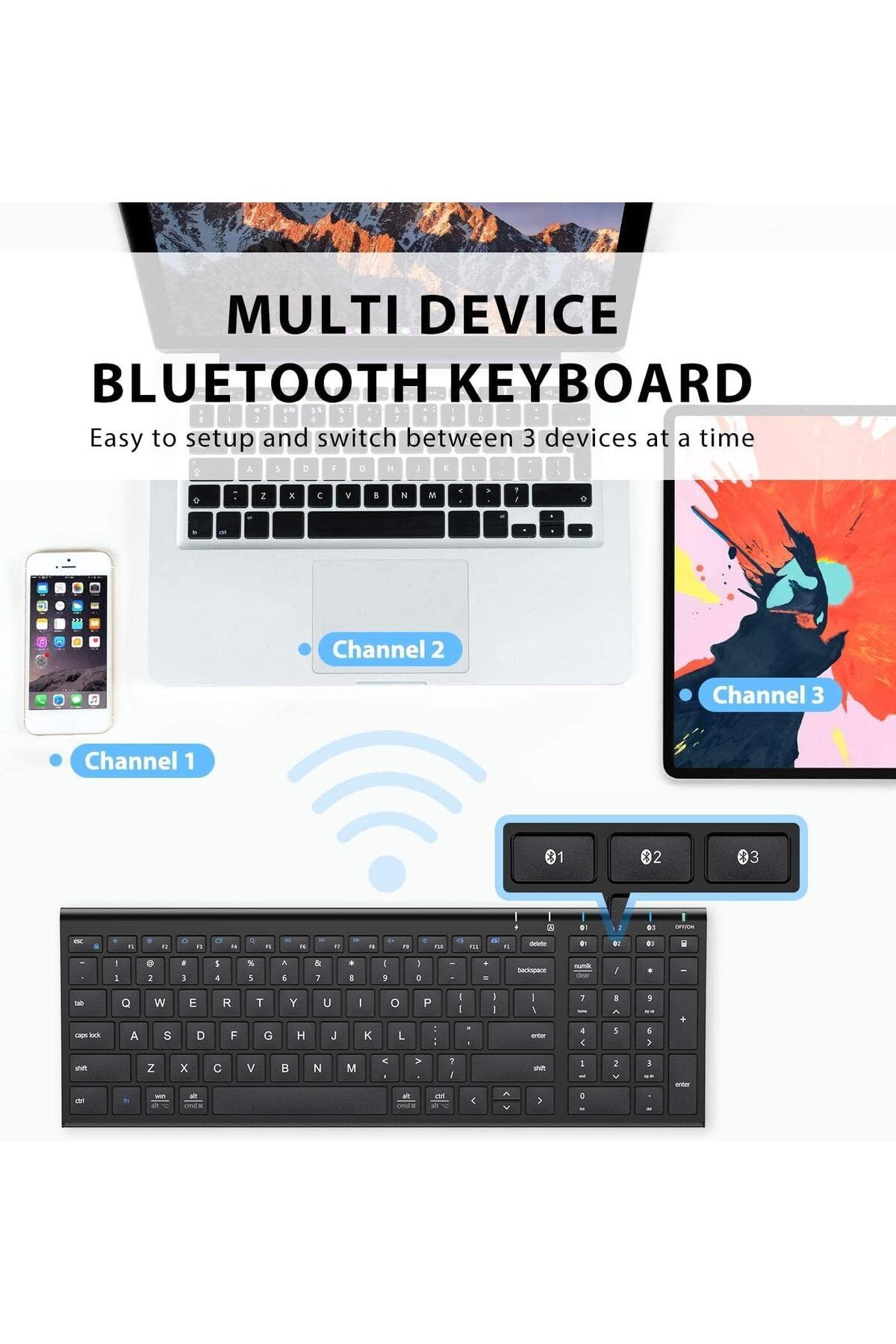 iClever-BK10 Bluetooth Keyboard - Universal Wireless & Rechargeable Ultra-Slim with Number Pad, Ergo 3