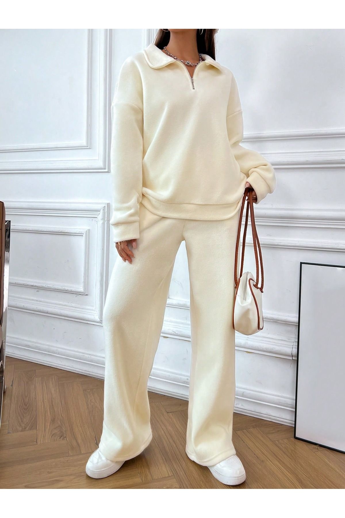 only moon-Ecru Thick Soft Textured Stand Collar Oversize Fleece Women's Double Bottom-Top Set 2