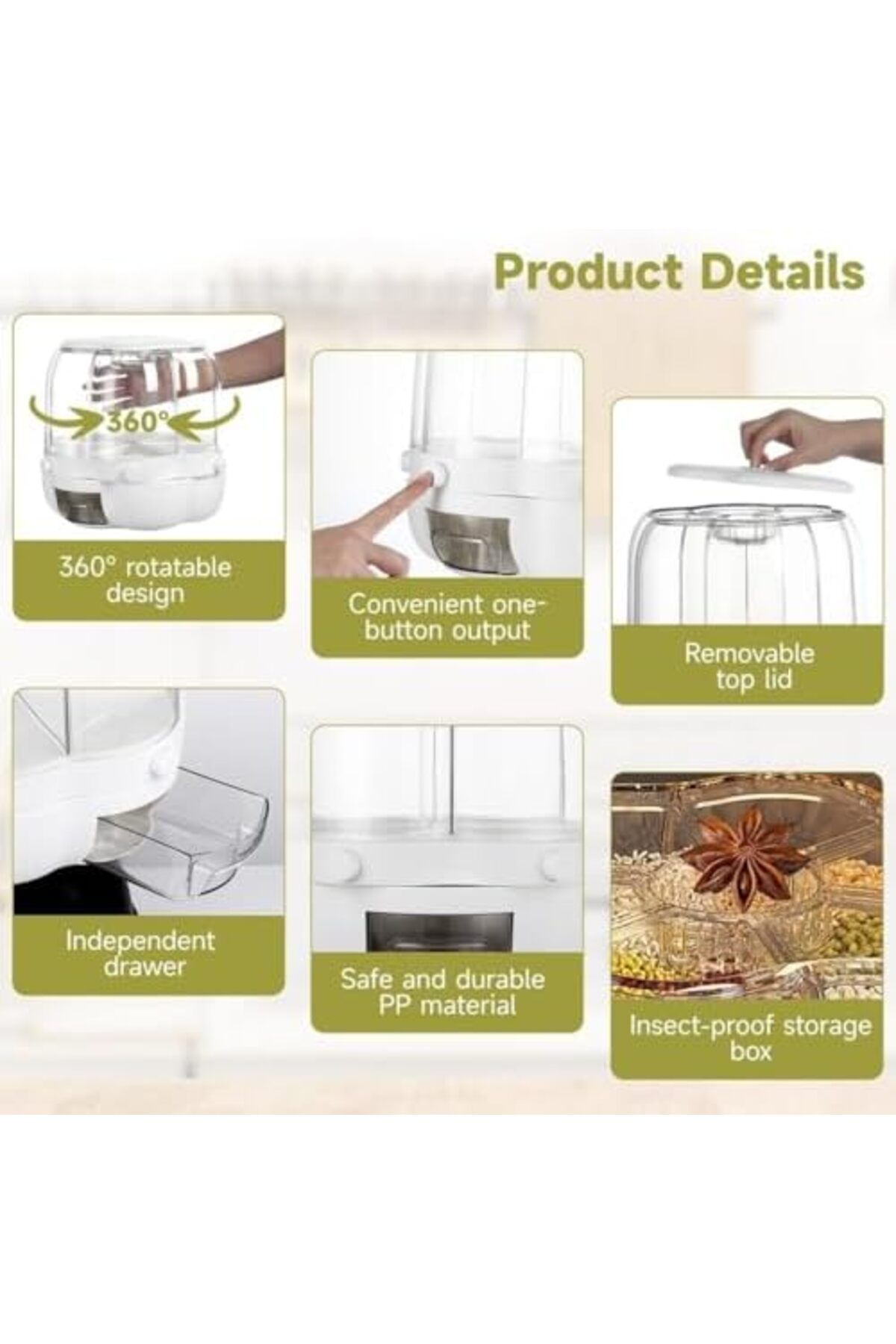 Denx-9kg Rotating Dry Food Storage Container with 6 Sections, 360° Transparent Moisture-Proof Design 7