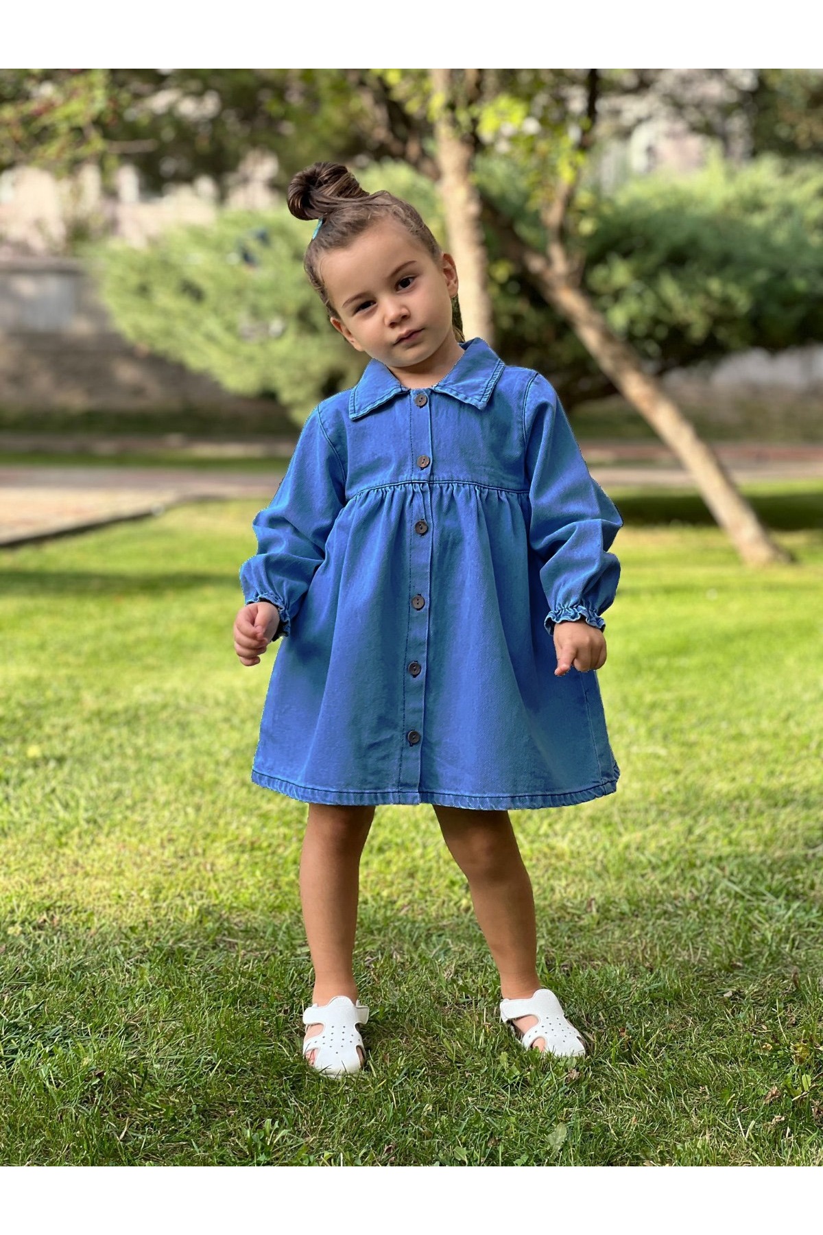 Girls Shirt Collar Detail Front Buttoned Yoke Denim Dress