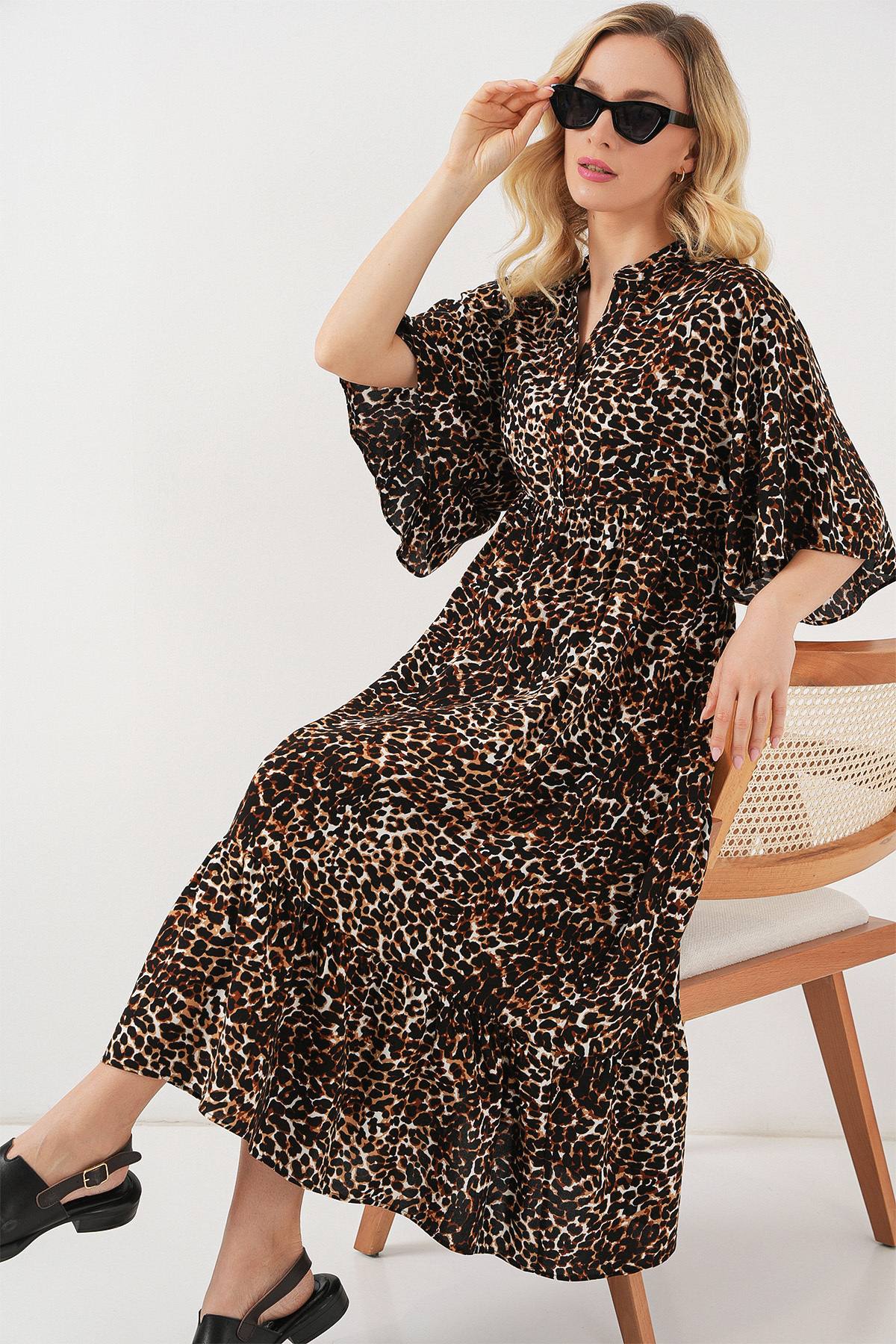 Merterium Women's Patterned Short Sleeve Dress C.Brown 1186