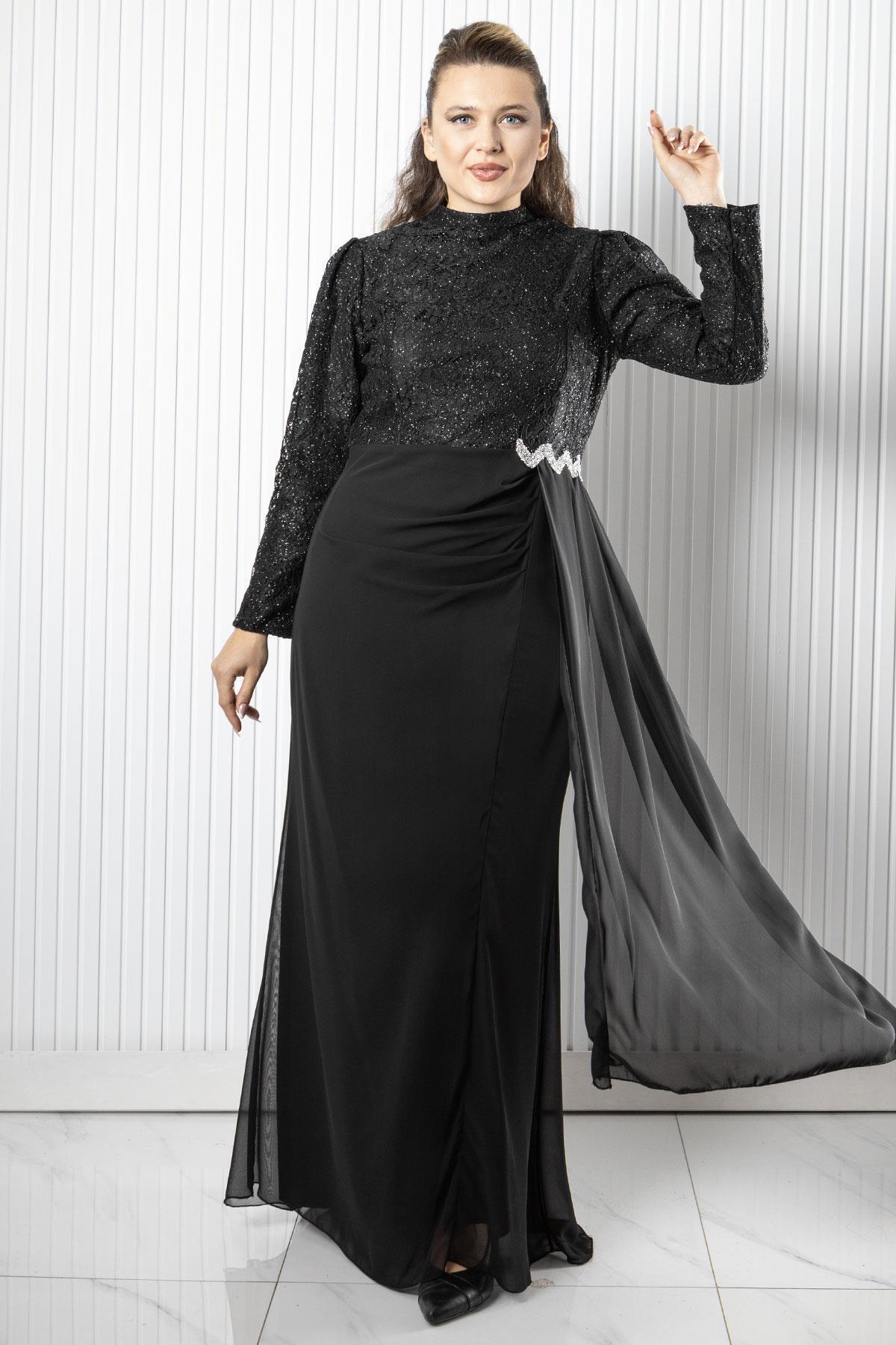 Dantel Şifon Abiye Elbise Siyah FHM958