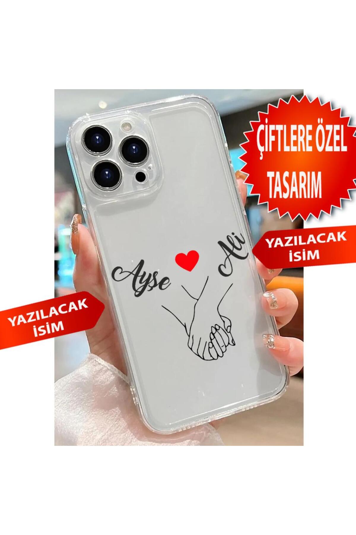 Hand in Hand Love Heart Pattern Transparent Silicone Case with Added Name for iPhone 14 Pro Max Compatible Couples