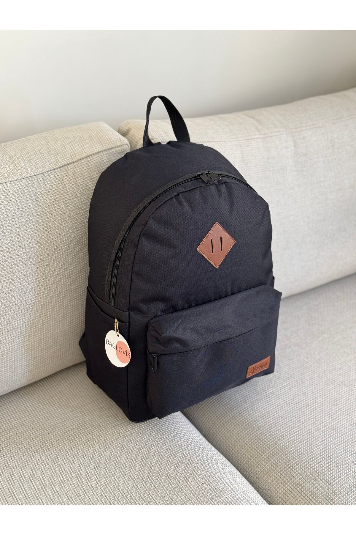 BAGLOVİS-Canvas Fabric Black Backpack with Pockets on the Front and Sides En35 Boy45 4
