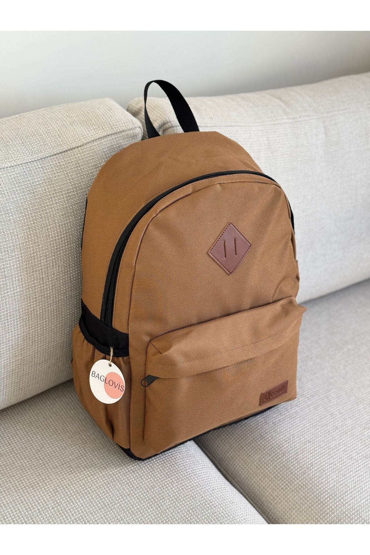 BAGLOVİS-Canvas Fabric Taba Backpack with Pockets on the Front and Sides En35 Boy46 3