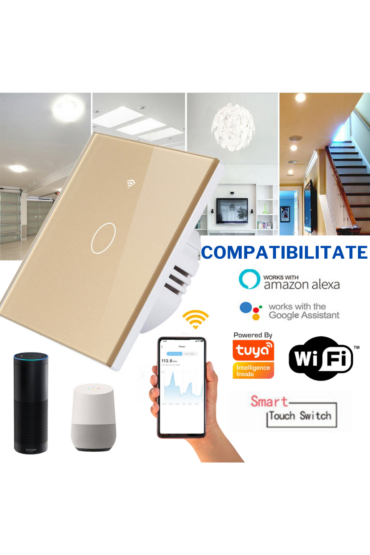 VisionHub-Smart touch switch, Wireless,Wi-fi, 1 Channel, Tempered Glass, Compatible with iOS/Android, Tuya 4