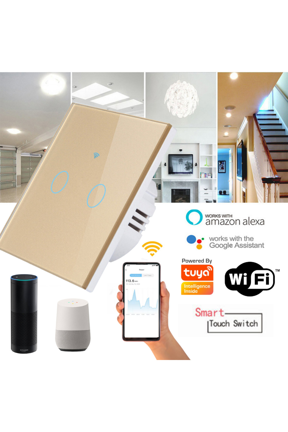VisionHub-Smart Touch Switch, Wireless, Wi-fi, 2 Channels, Tempered Glass,iOS/Android,Tuya,Amazon Alexa/Google 5