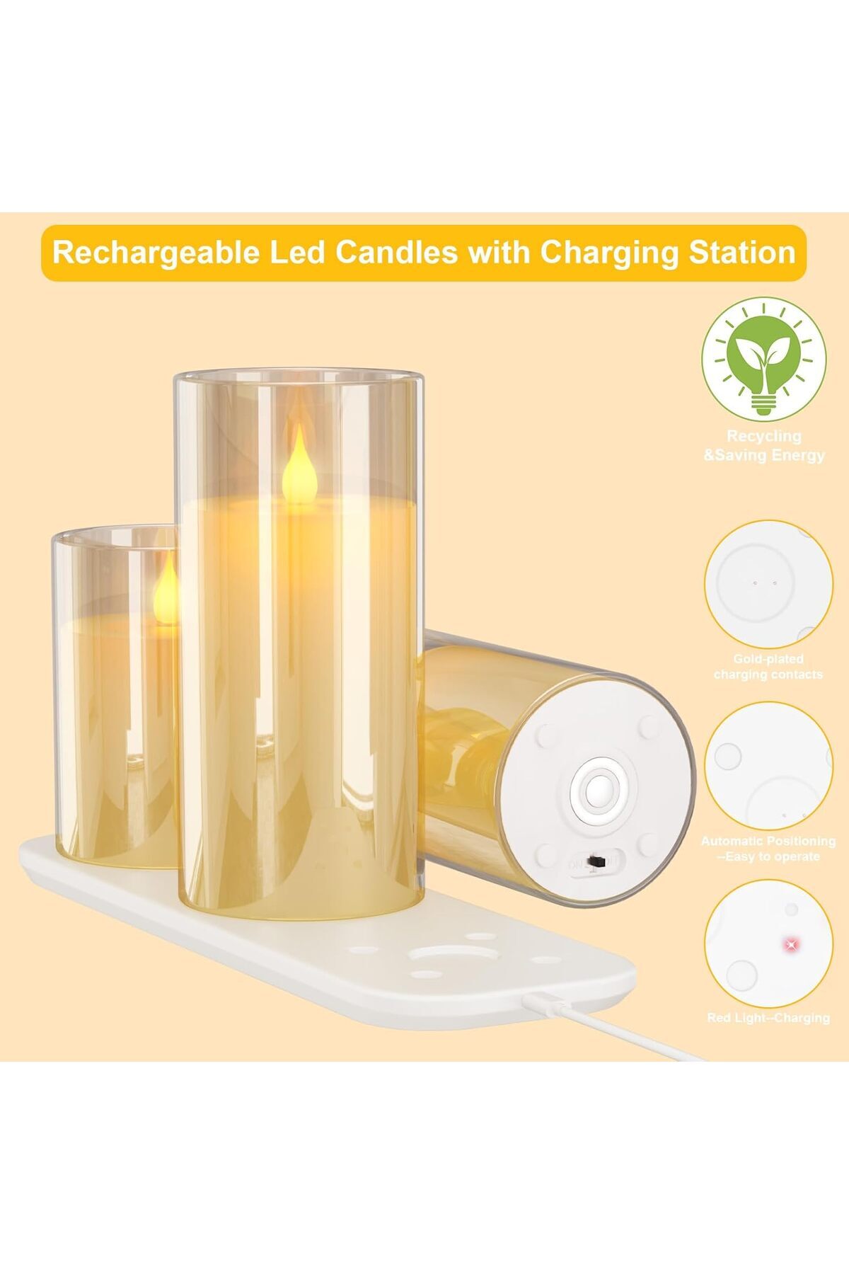 Generic-EXTSUD Flameless LED Candles Rechargeable with Charging Station and Remote Control, Set of 3 Decorat 5