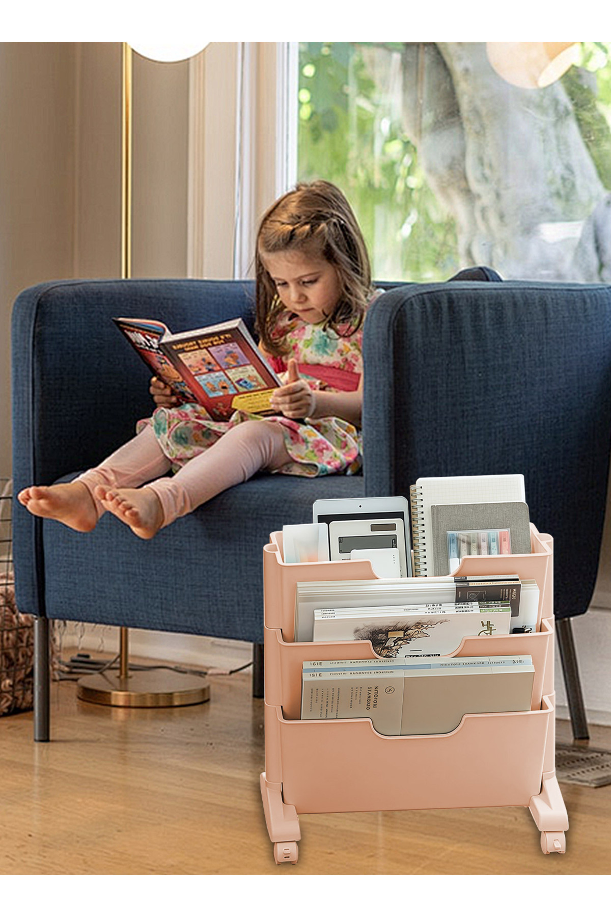 KidLe-3 Tier Slim Rolling Utility Cart with Wheels, Movable Unique Bookcase with 3 Drawers 8