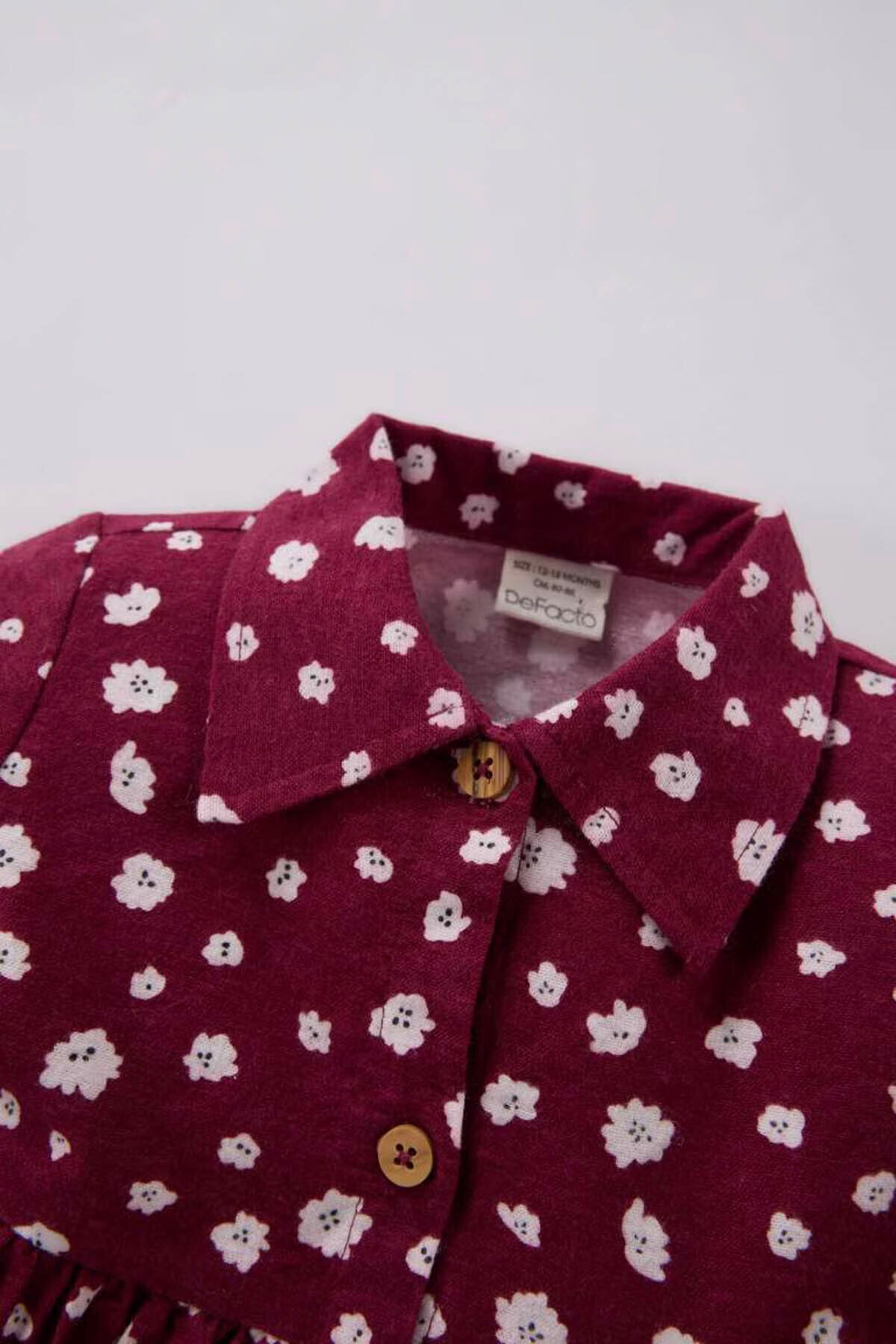 Defacto Çiçekli Uzun Kollu Pazen Bordo Kız Bebek Elbise D7428A5/BR204 fotoğrafı 2 (önizleme)