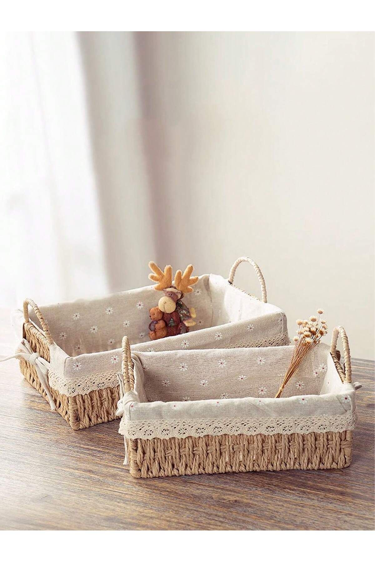 Cozy Nest-Set of 2 Handwoven Storage Baskets with Handles Rectangular Woven Bins with Removable Fabric Liners 3