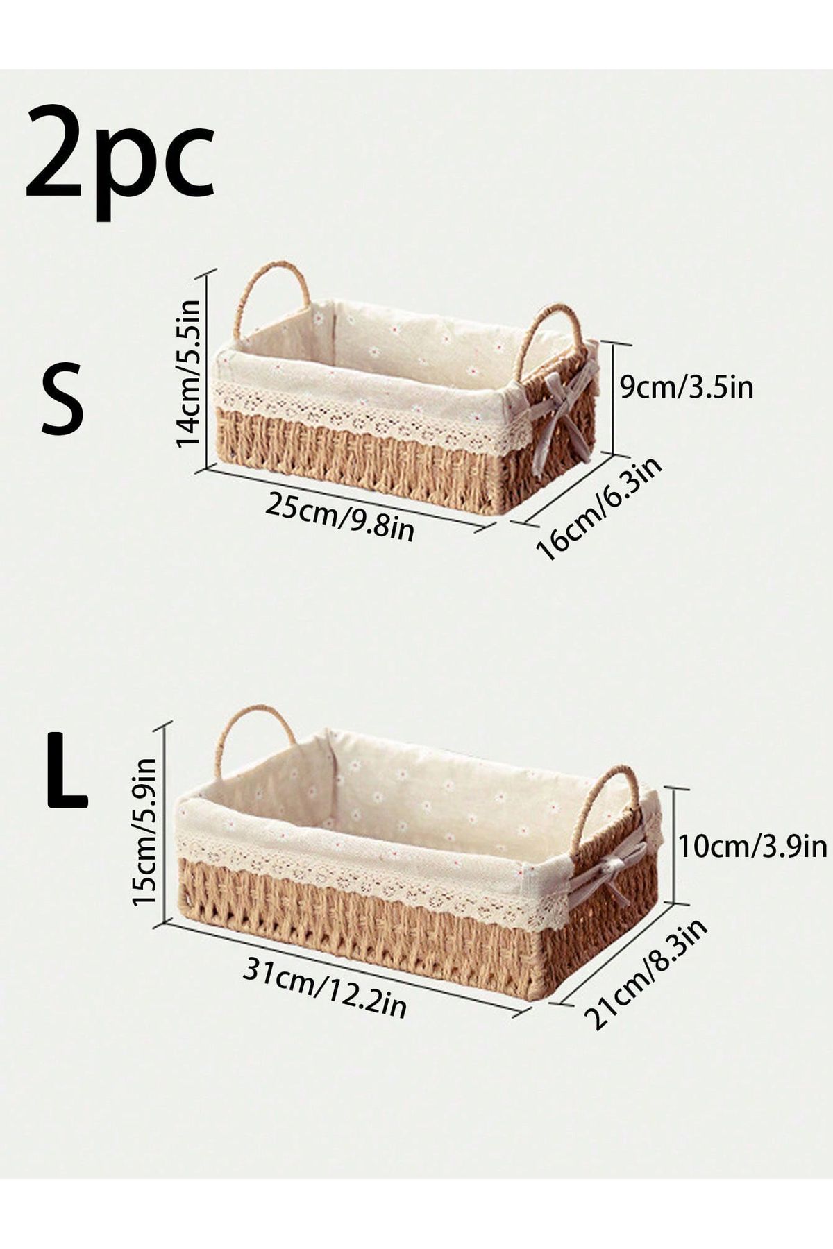 Cozy Nest-Set of 2 Handwoven Storage Baskets with Handles Rectangular Woven Bins with Removable Fabric Liners 8