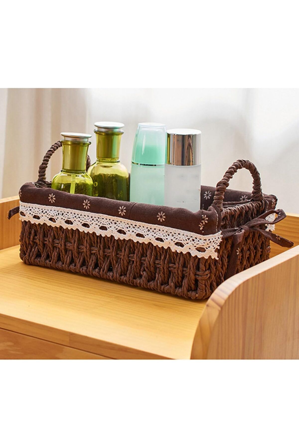 Cozy Nest-Set of 2 Handwoven Storage Baskets with Handles Rectangular Woven Bins with Removable Fabric Liners 3