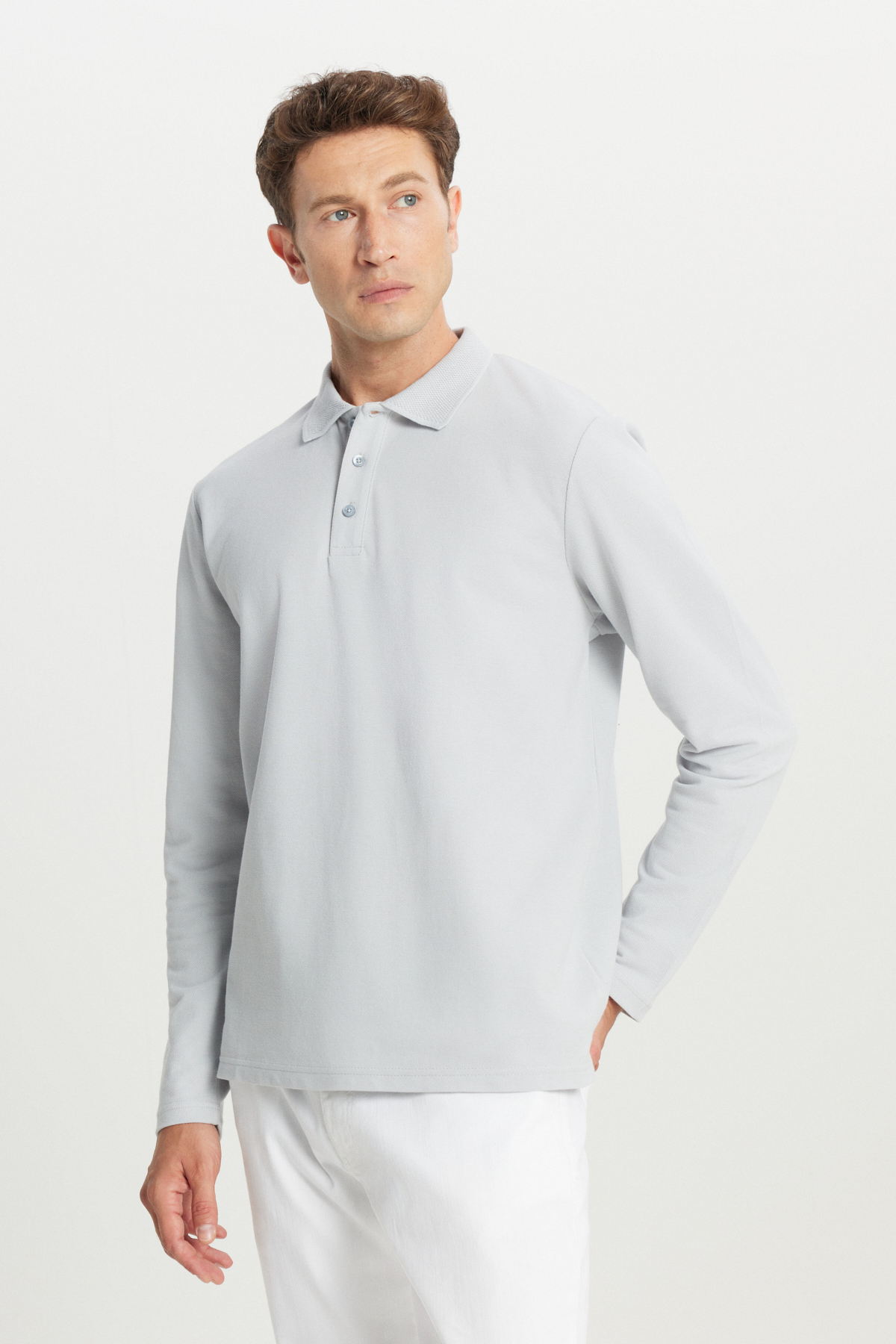 AC&Co / Altınyıldız Classics Erkek Gri %100 Pamuk Standart Fit Normal Kesim Polo Yaka Sweatshirt görsel 3