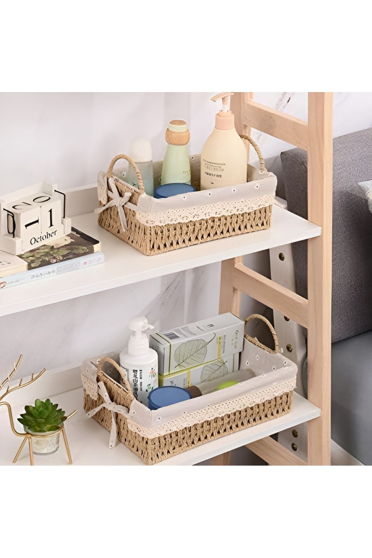 Cozy Nest-Set of 2 Handwoven Storage Baskets with Handles Rectangular Woven Bins with Removable Fabric Liners 2