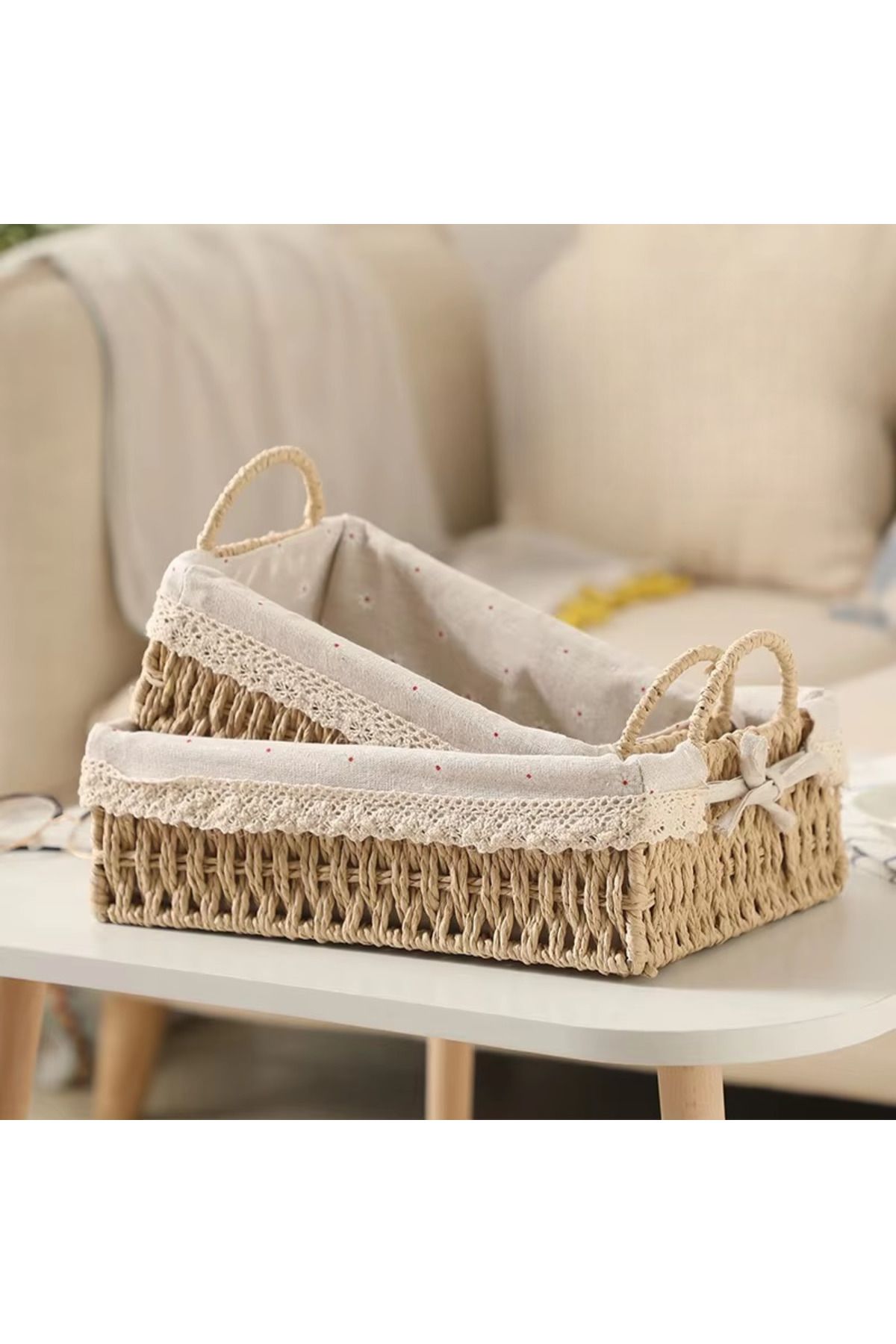 Cozy Nest-Set of 2 Handwoven Storage Baskets with Handles Rectangular Woven Bins with Removable Fabric Liners 6