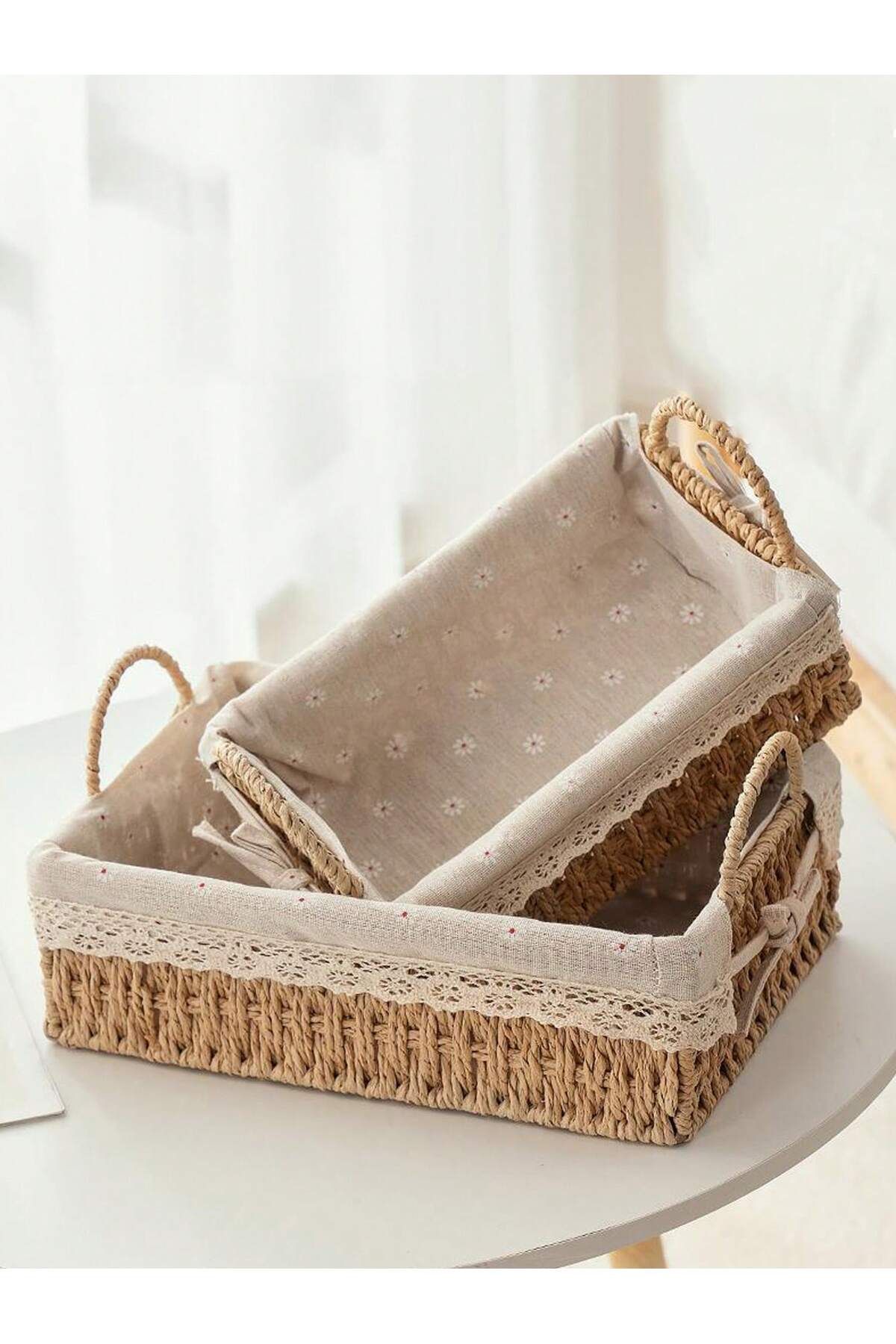 Cozy Nest-Set of 2 Handwoven Storage Baskets with Handles Rectangular Woven Bins with Removable Fabric Liners 5
