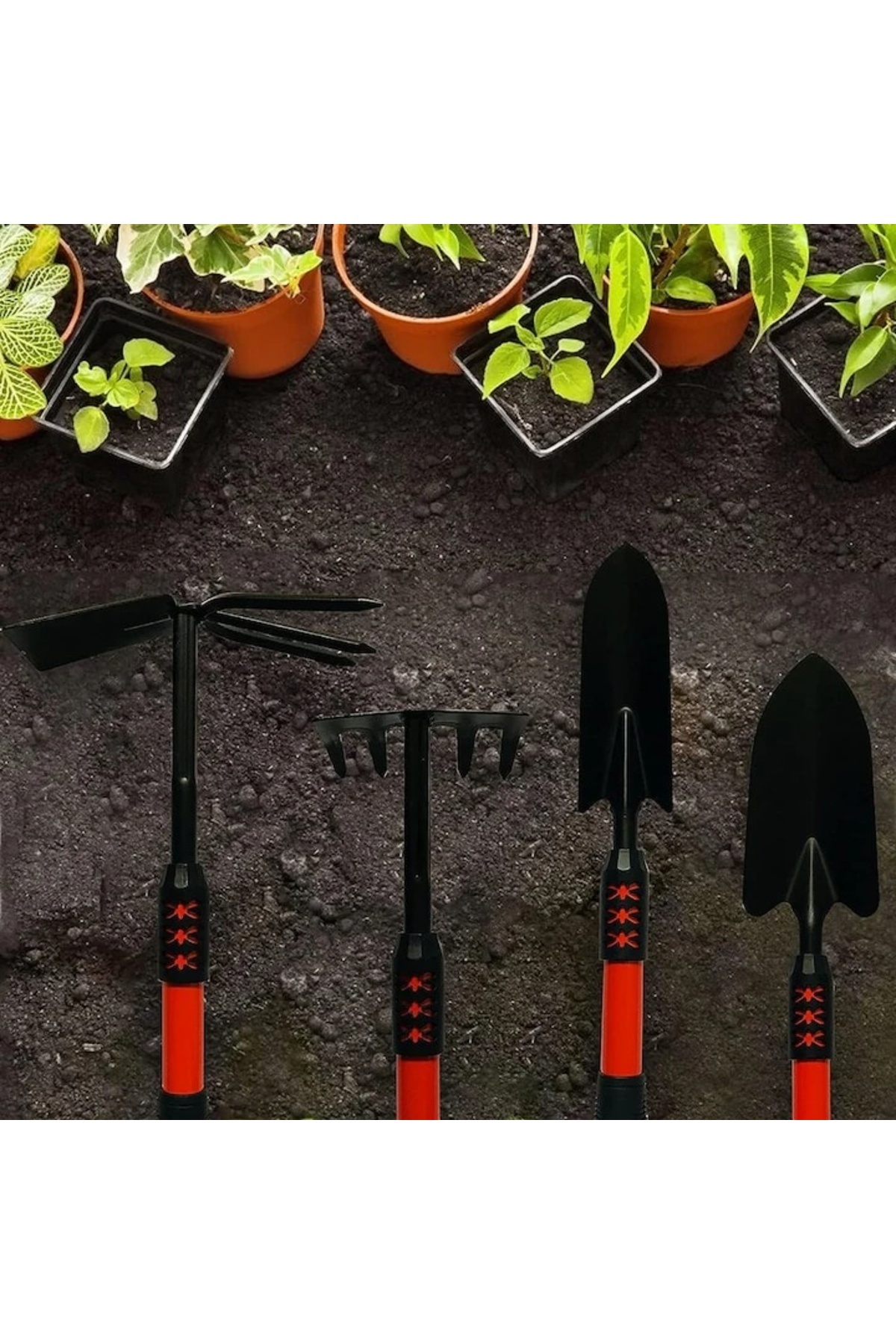 FOXMAG24-Set of 4 garden tools, extendable non-slip handle, metal, easy to use & store, red/black 4