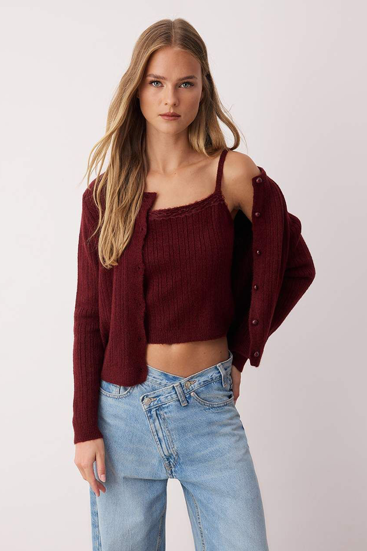 Trendyolmilla  Bordo Kare Yaka Dantel Garnili Triko Hırka-Bluz Yumuşak Dokulu Triko Takım TWOAW26HI00086