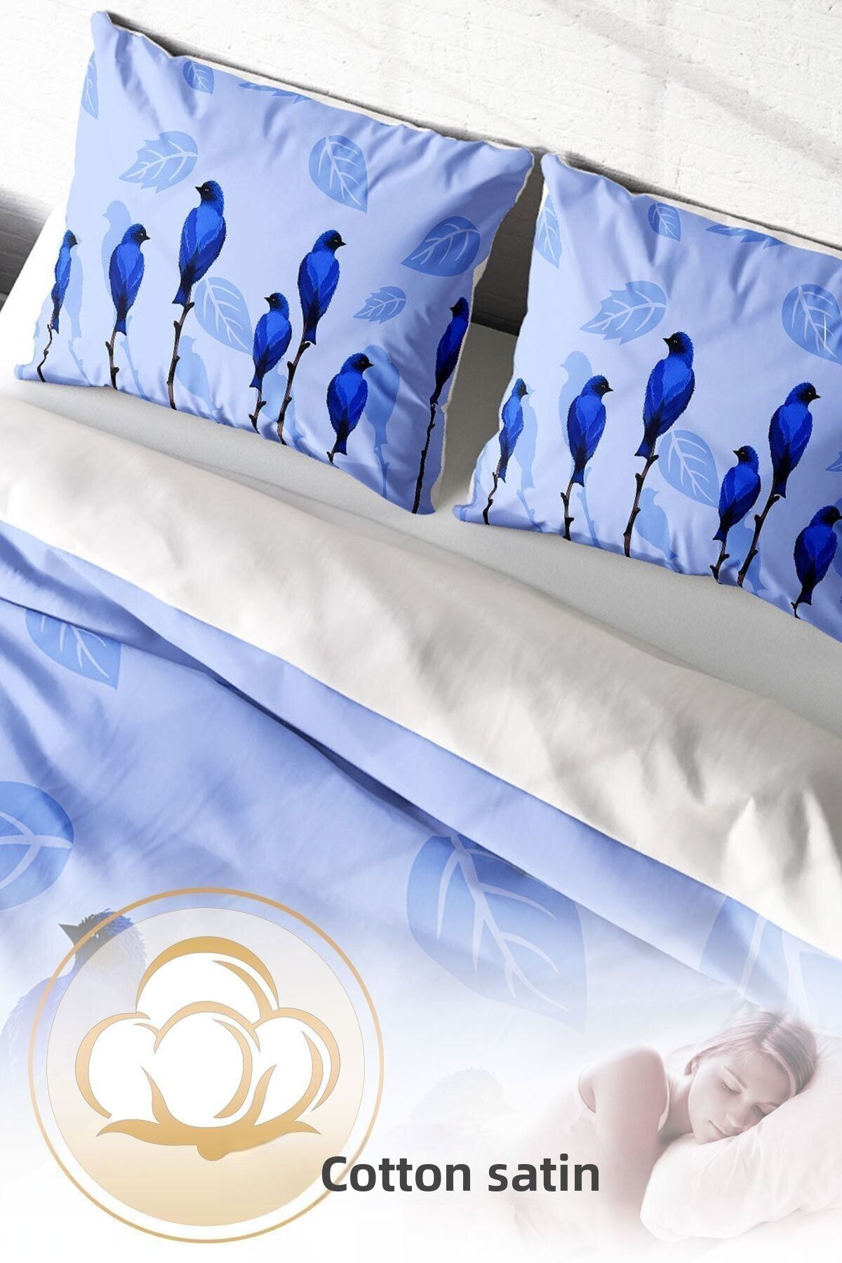PerlaSera-3D Custom Design - Double Duvet Cover Set, Tightly Woven Cotton Satin, Blue Birds Natural 4