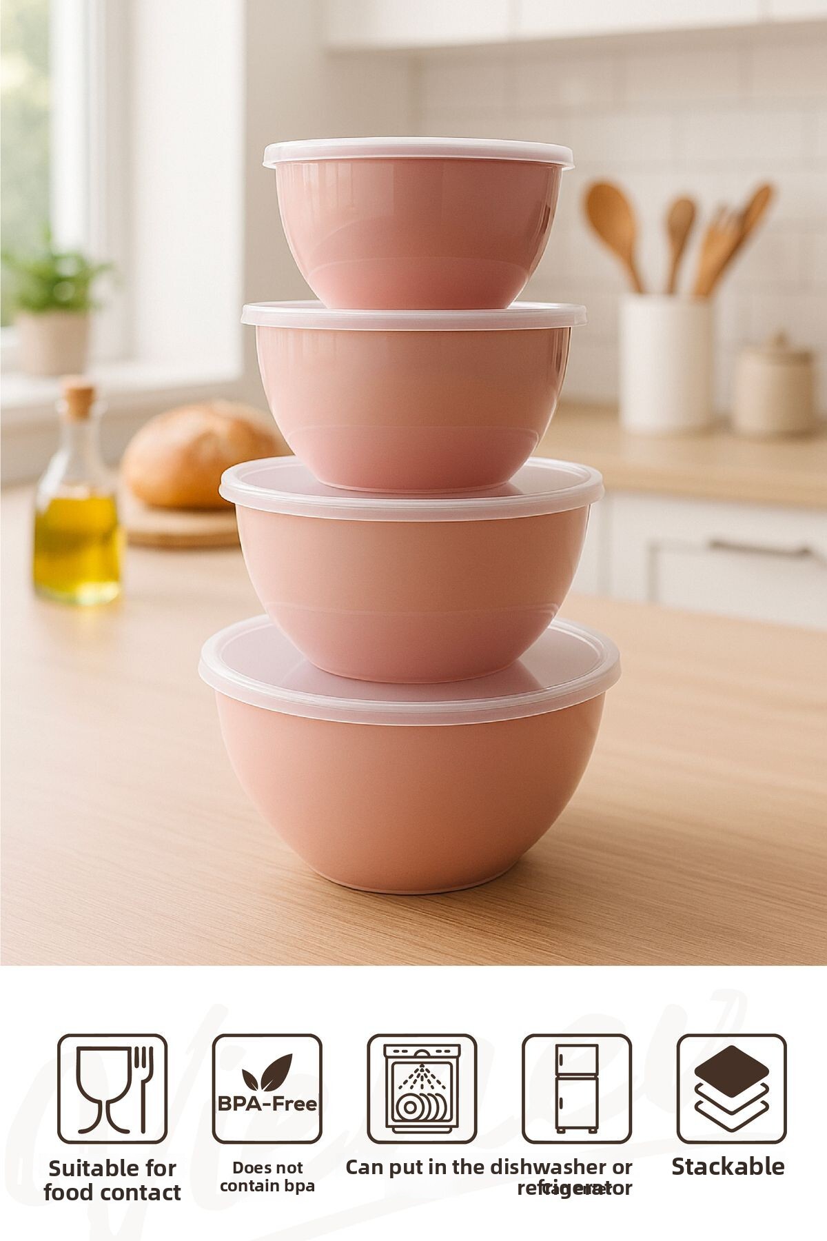 مجموعة من 4 أوعية دائرية وردية اللون | 1 لتر، 1.5...