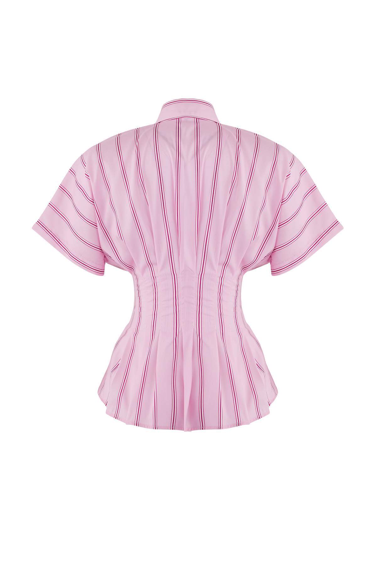 Trendyolmilla  Pembe-Çok Renkli Bele Oturan Çizgili Gömlek TWOAW26GO00030 - Görsel 6