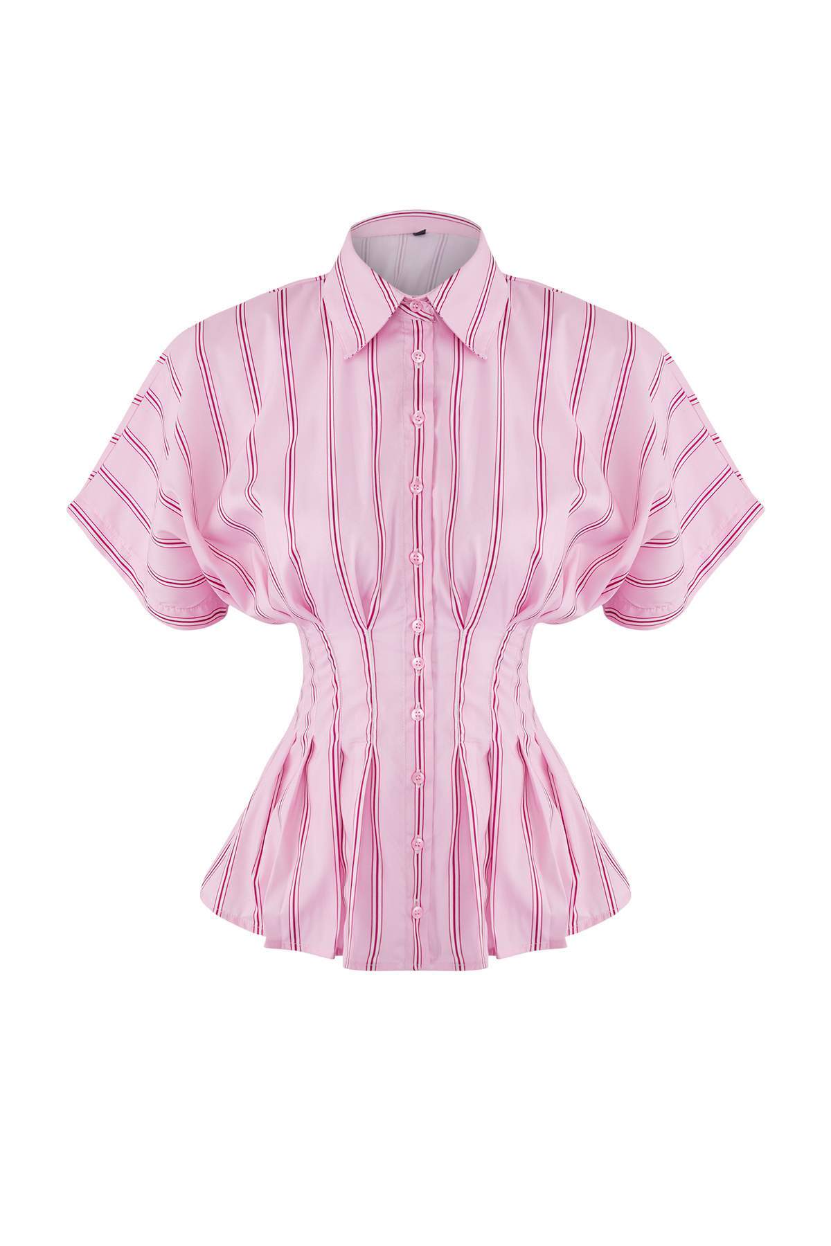 Trendyolmilla  Pembe-Çok Renkli Bele Oturan Çizgili Gömlek TWOAW26GO00030 - Görsel 5