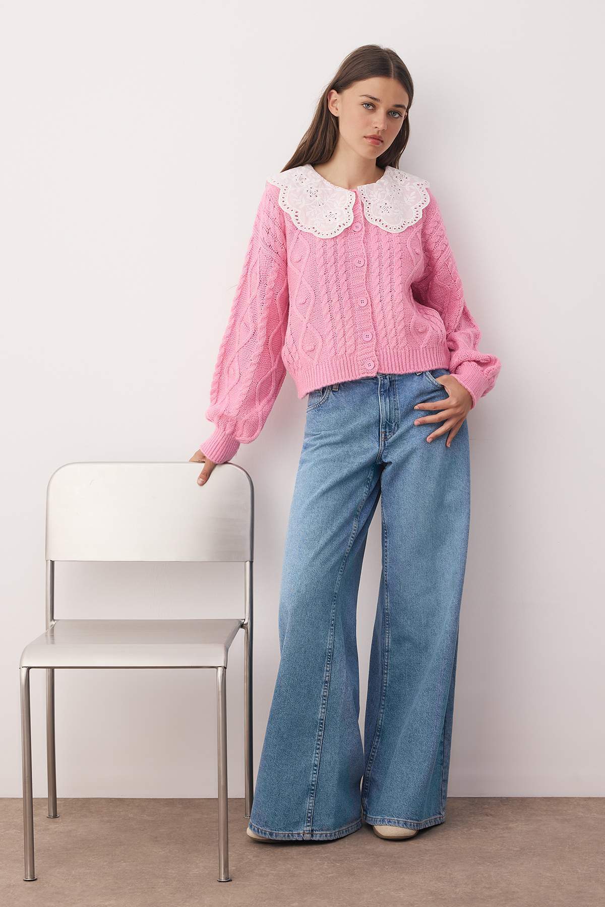 Trendyolmilla  Pembe Saç Örgü Dantel Garnili Polo Yaka Yumuşak Dokulu Triko Hırka TWOAW26HI00074 - Görsel 2