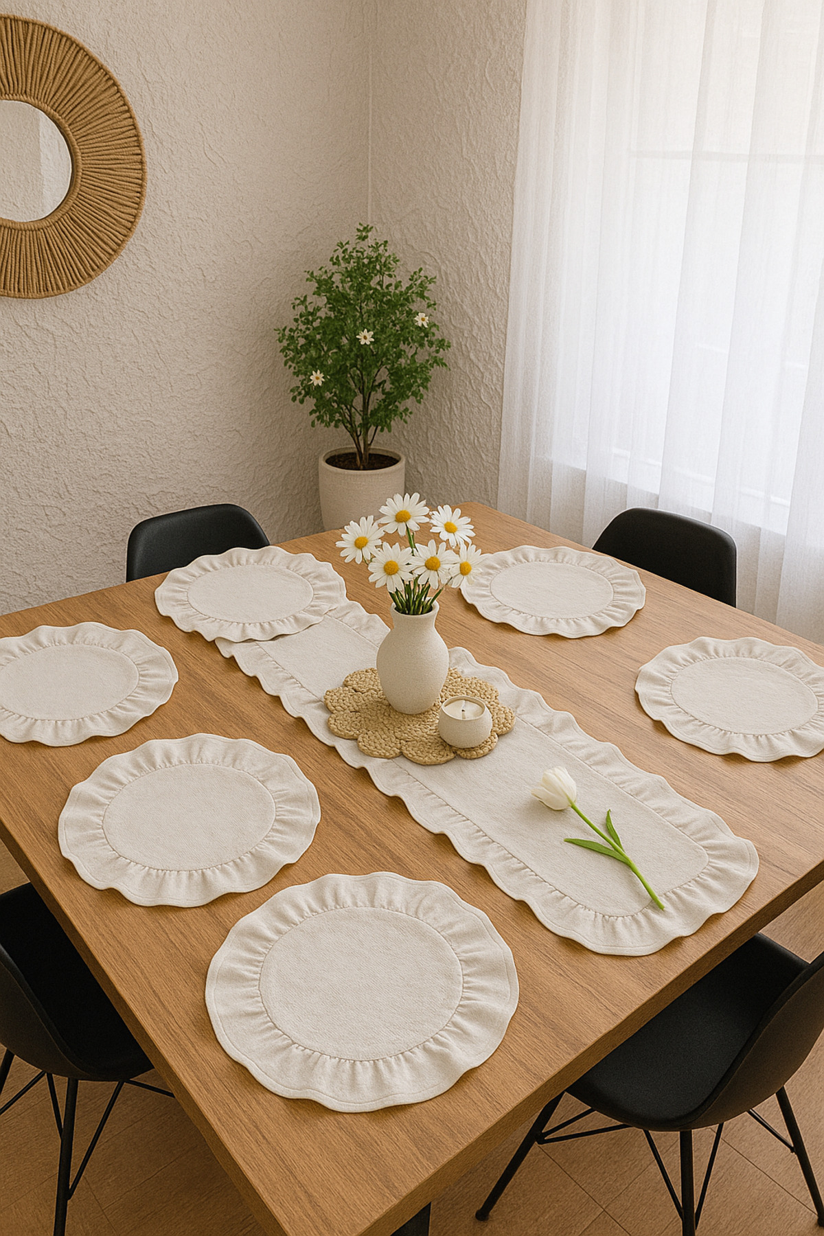 abidehanım-Breeze Ruffle |   7 Piece Tableware Set Ruffle Set 6 Pieces Tablecloth + 1 Piece Runner 1