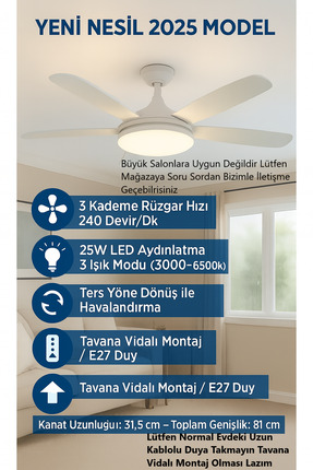 Kılıforyum Tavan Vantilatörü LED Ampul 81 cm Büyük Boy 3 Kademe Fan 3 Işık Mo...